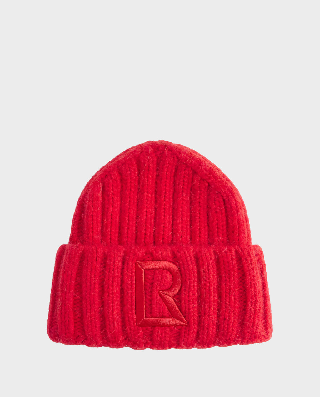 Flame red MISSA - 8426512 ribbed knit beanie with a letter R emblem on the cuff.