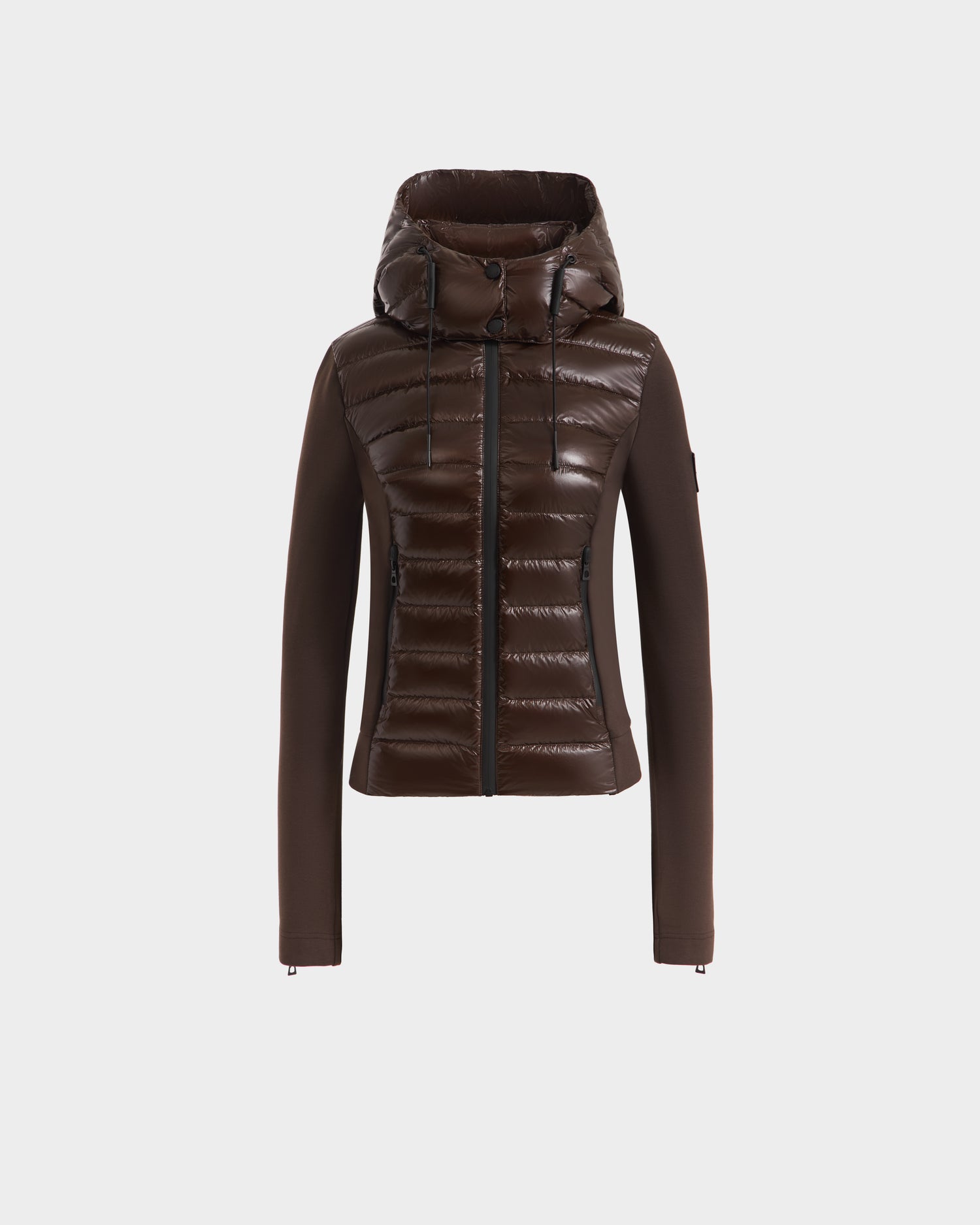 The Rudsak MABS C - 8124590 Espresso is a brown womens puffer jacket with a shiny, quilted front and hood, smooth sleeves, and a central zipper. Lightweight activewear style shown on a plain white background.