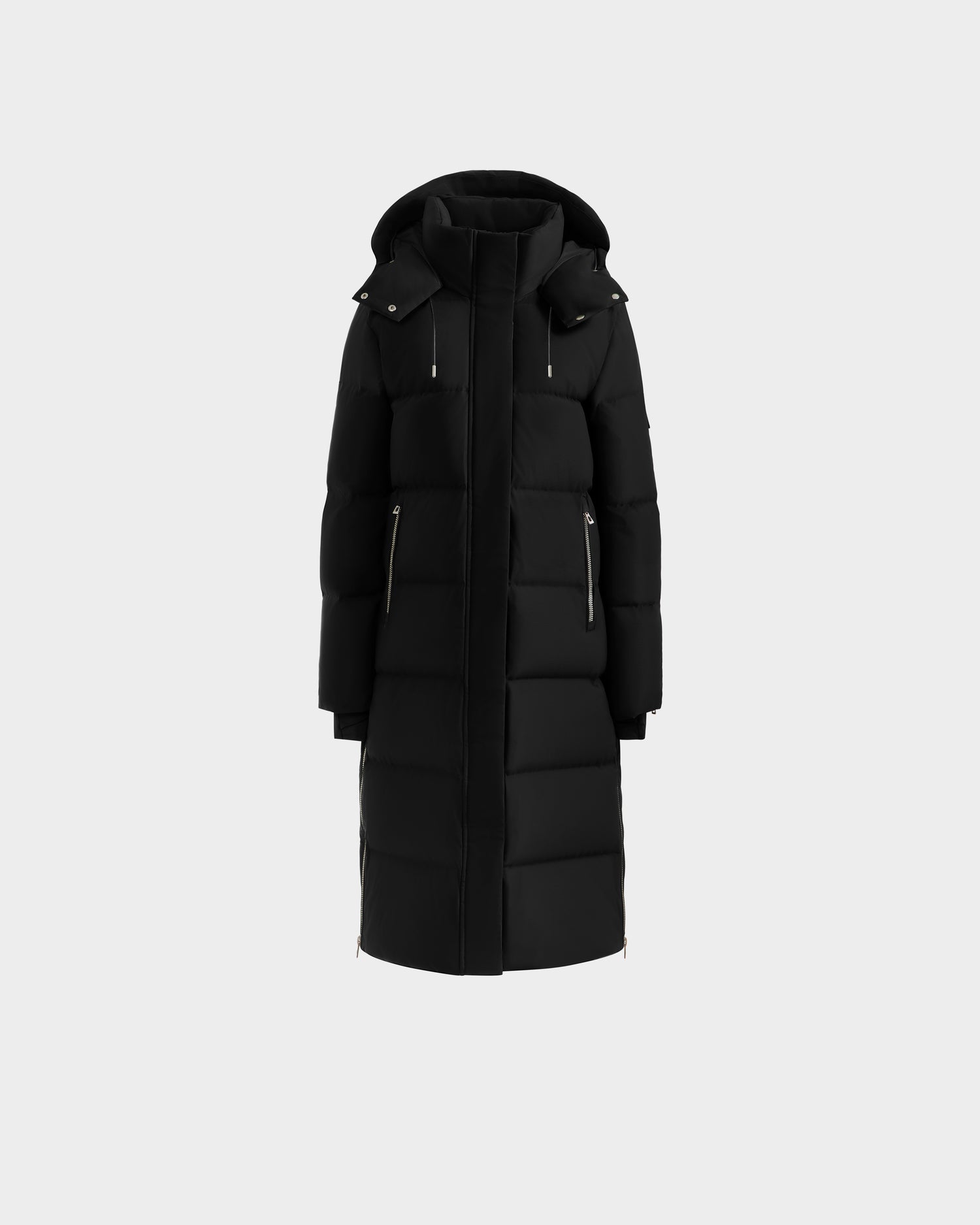 The Rudsak MAO H - 8125603 Black is a women's long down puffer with a weather-resistant design, removable hood, front zipper, two zippered side pockets, and horizontal quilting, shown on a plain light gray background.
