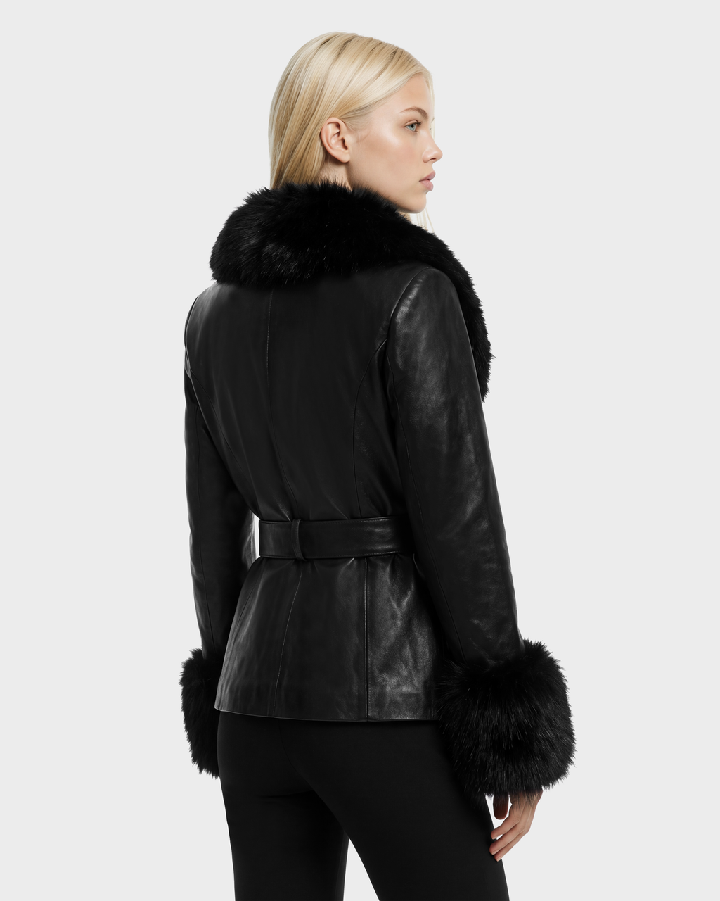 Rudsak MARILLA - 8126972 Black leather jacket with a belted waist and fur trim on the collar and cuffs.