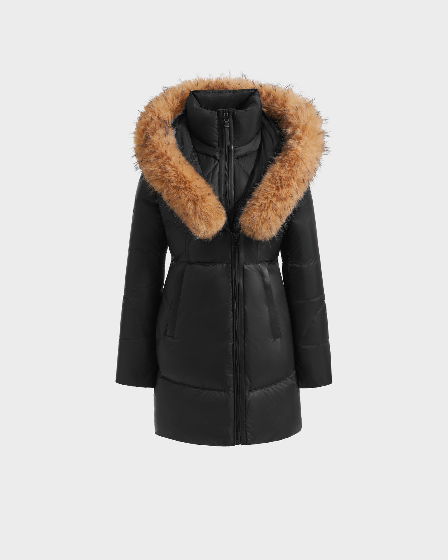 The Rudsak MARTINA - L125540 Black is a black puffer winter coat featuring a large brown faux fur-trimmed hood, front zipper closure, and two side pockets, displayed on a plain white background.