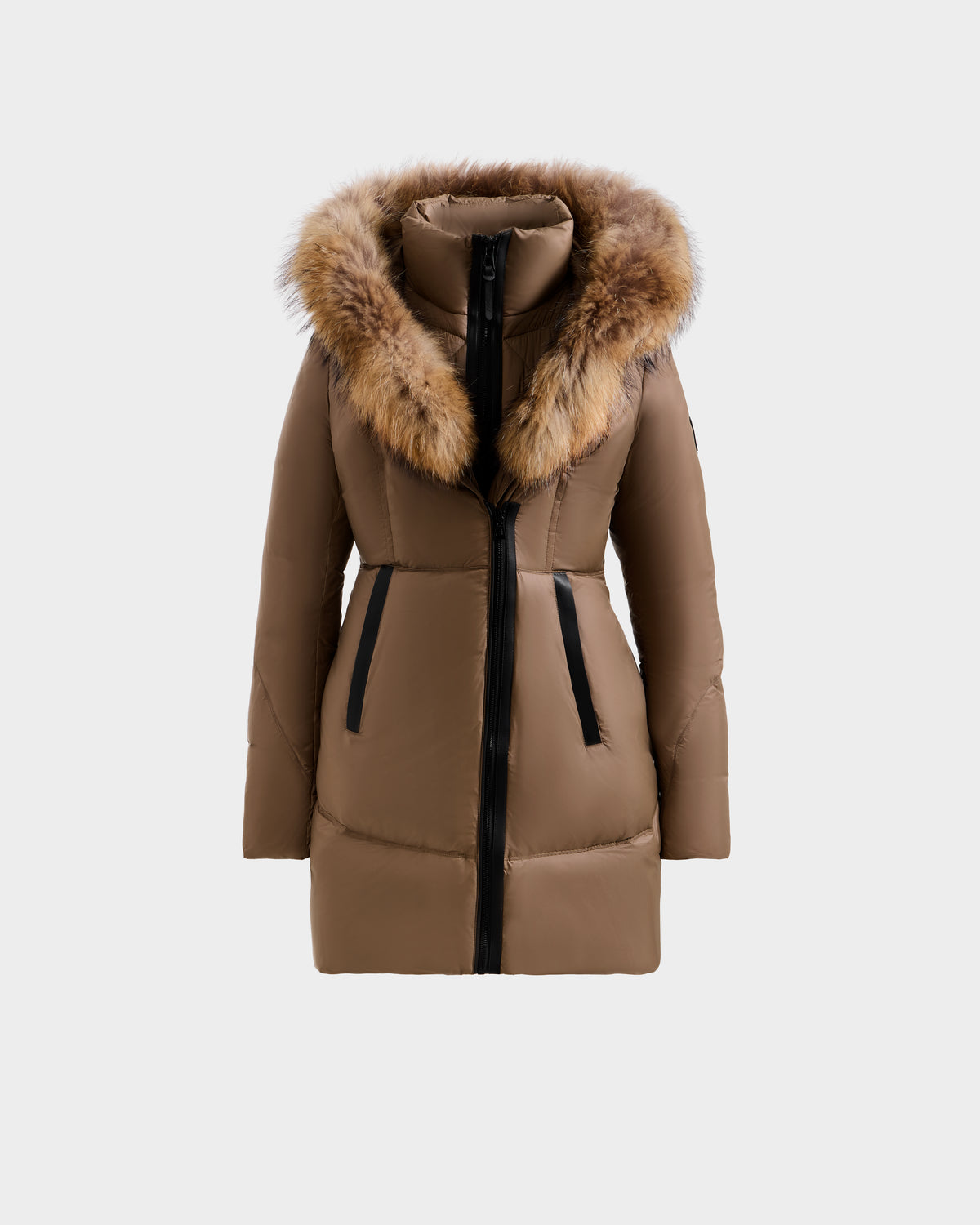 The Rudsak MARTINA - L125540 Taupe is a brown, mid-length puffer coat with RDS-certified down, a removable fur-trimmed hood, black zipper closure, and two zippered pockets, shown on a plain white background.