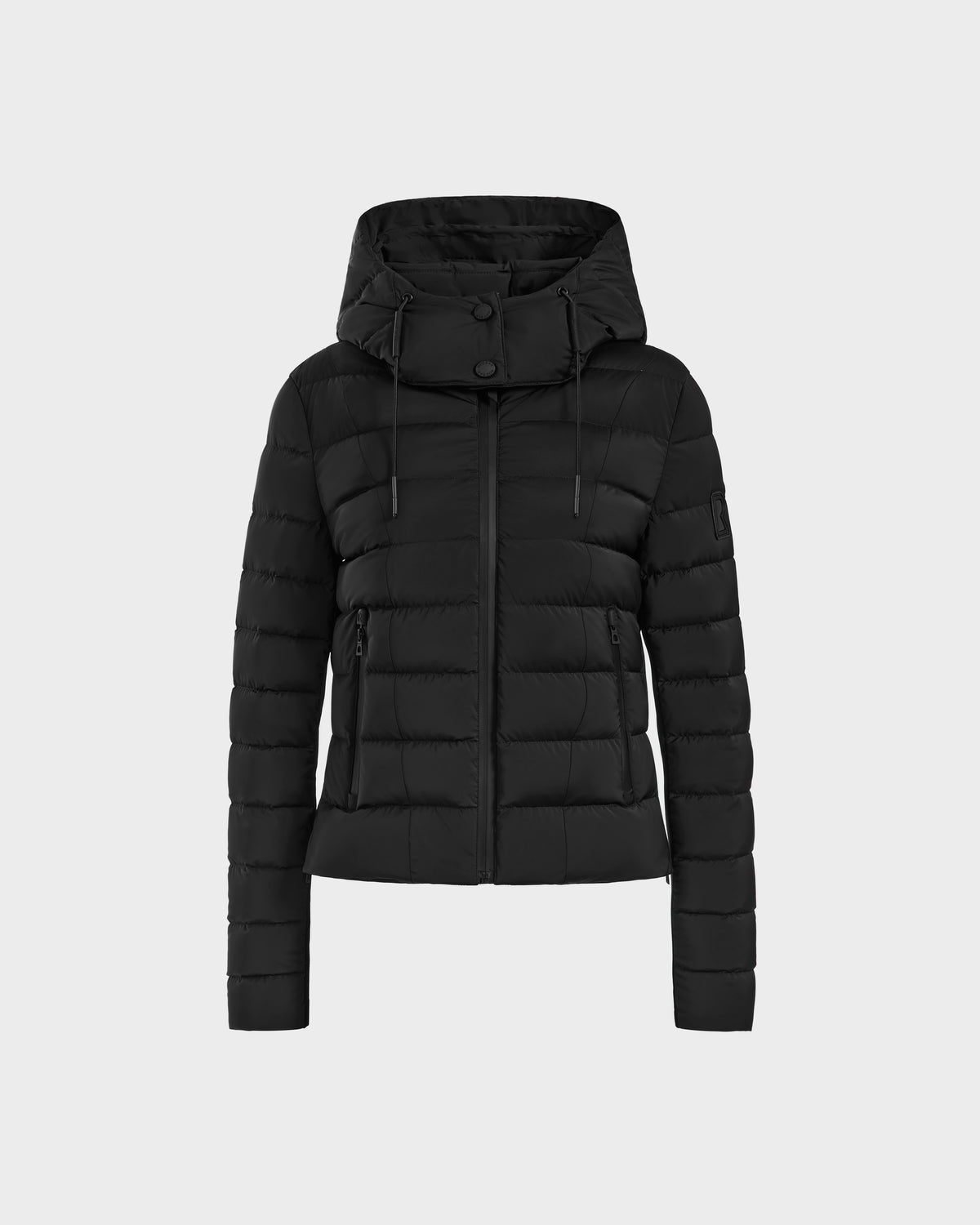 The Rudsak MELISSA - 8125054 Black women’s puffer jacket features RDS certified down fill, a front zipper, side pockets, and an attached hood, shown on a plain light gray background.
