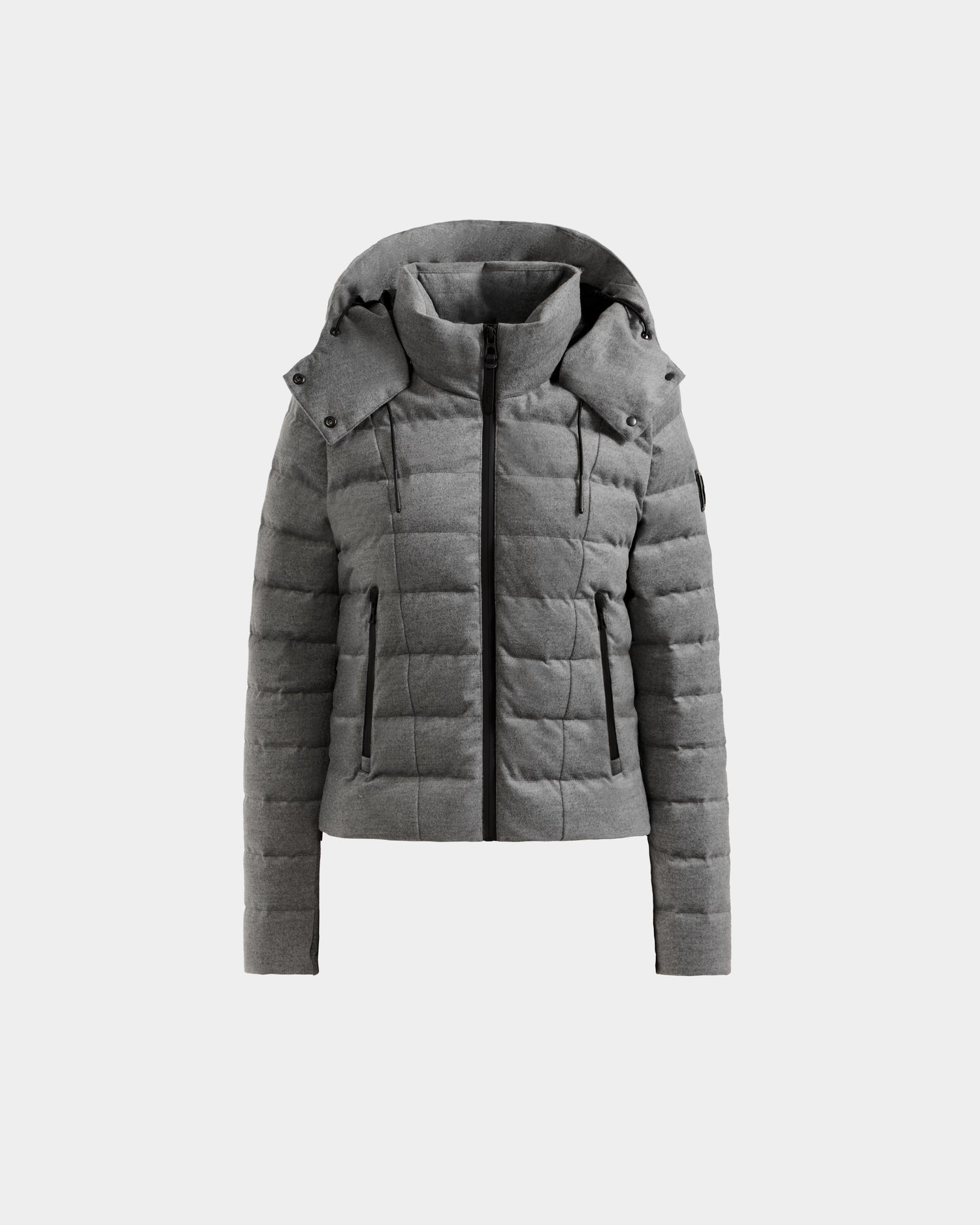 The Rudsak MELISSA W - 8125564 Heather Charcoal is a gray quilted puffer jacket with a front zipper, two side pockets, and a detachable hood, ideal for transitional weather and shown on a plain light background.