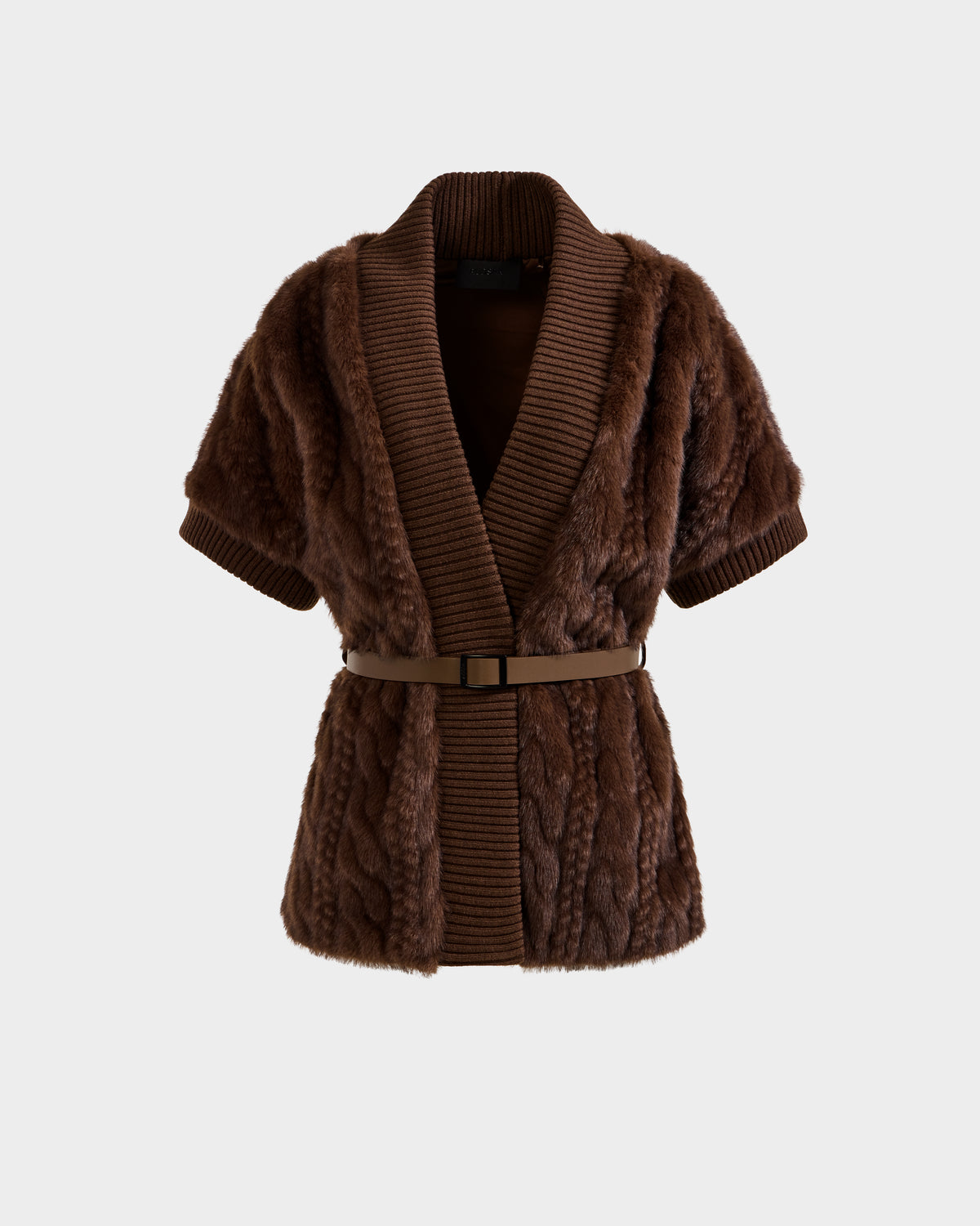 The Rudsak MENDOTA F - 8525561 Mocha is a short-sleeved brown faux fur cardigan with ribbed shawl collar and cuffs, plus a matching vegan leather waist belt, shown on a plain white background.