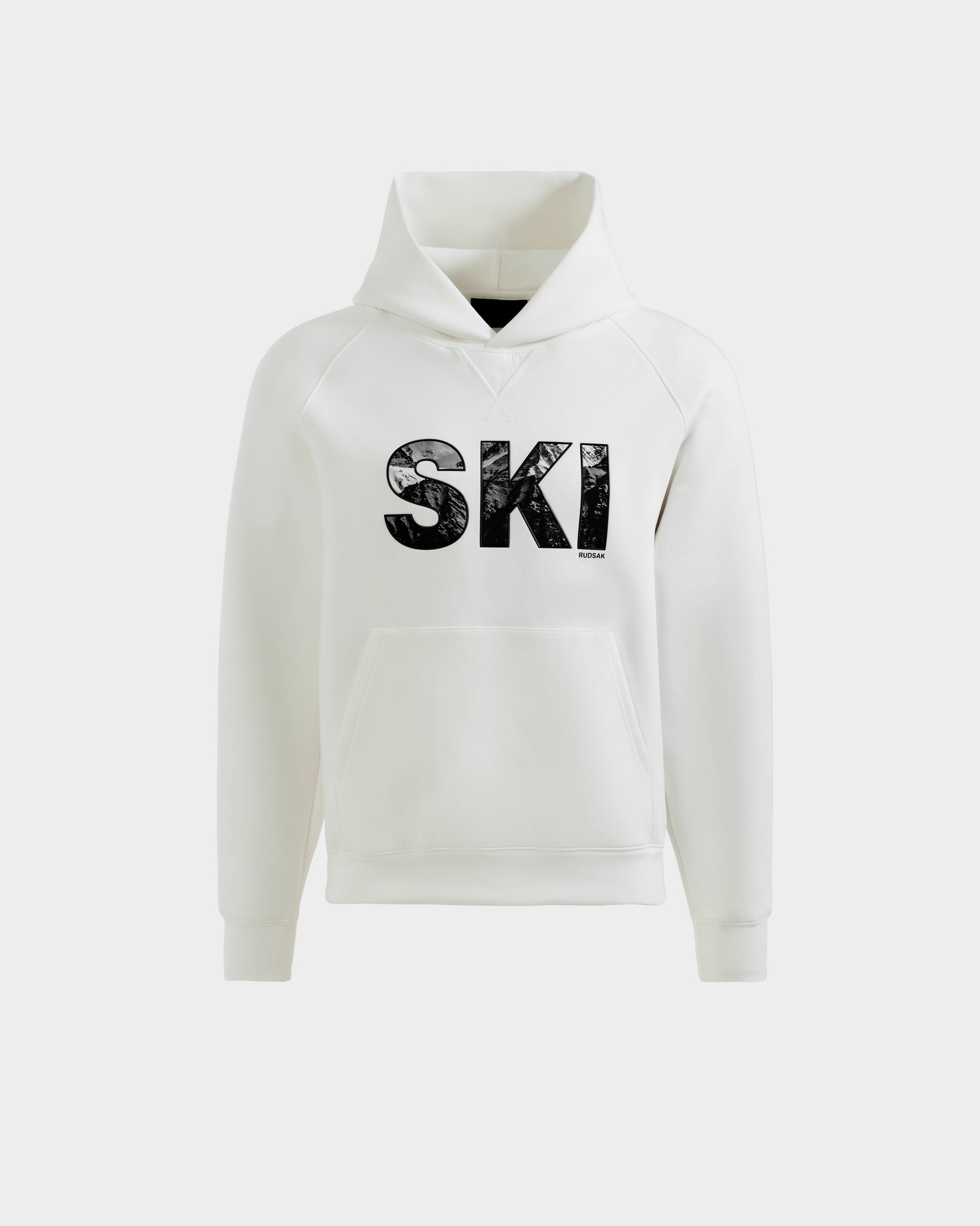 The Rudsak MIKAEL - 6525647 Iceland men’s ski hoodie features a high neck, long sleeves, front pocket, and bold black SKI logo on the chest—making this white hoodie ideal for cold days on or off the slopes.