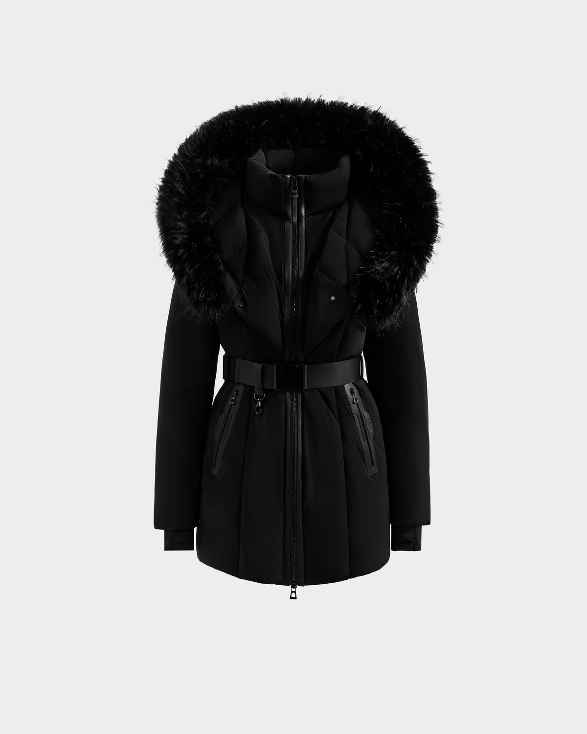 The Rudsak MODA - 8125704 Black/Black winter coat features a large faux fur-lined hood, front zipper, belted waist, and two zippered pockets, crafted sustainably and showcased against a plain light gray background.