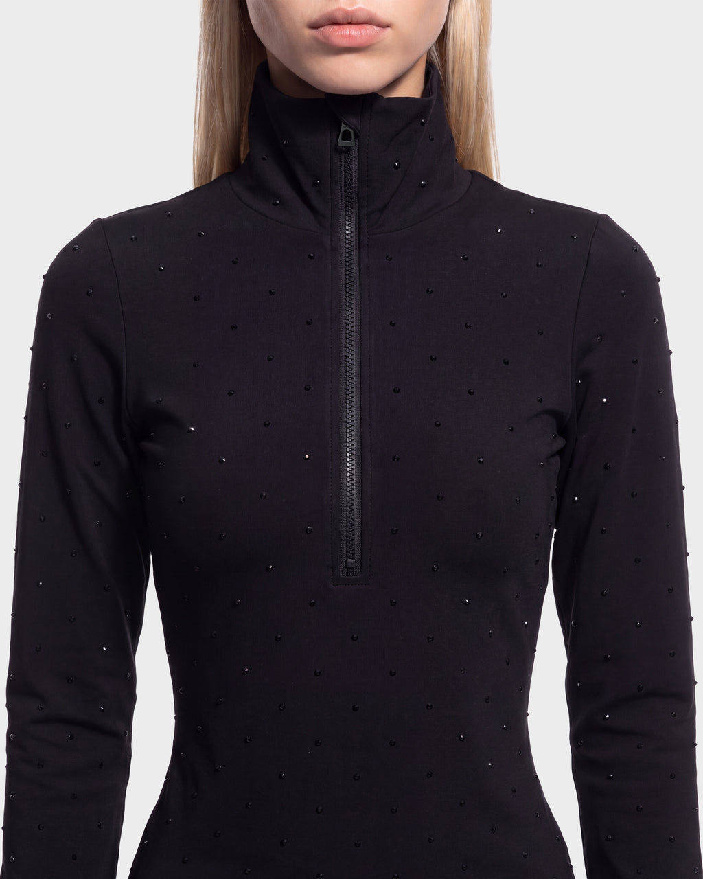 Rudsak NEVA - 8526524 Black long-sleeved quarter-zip top embellished with small black studs, ideal for a refined cold-weather layering look.