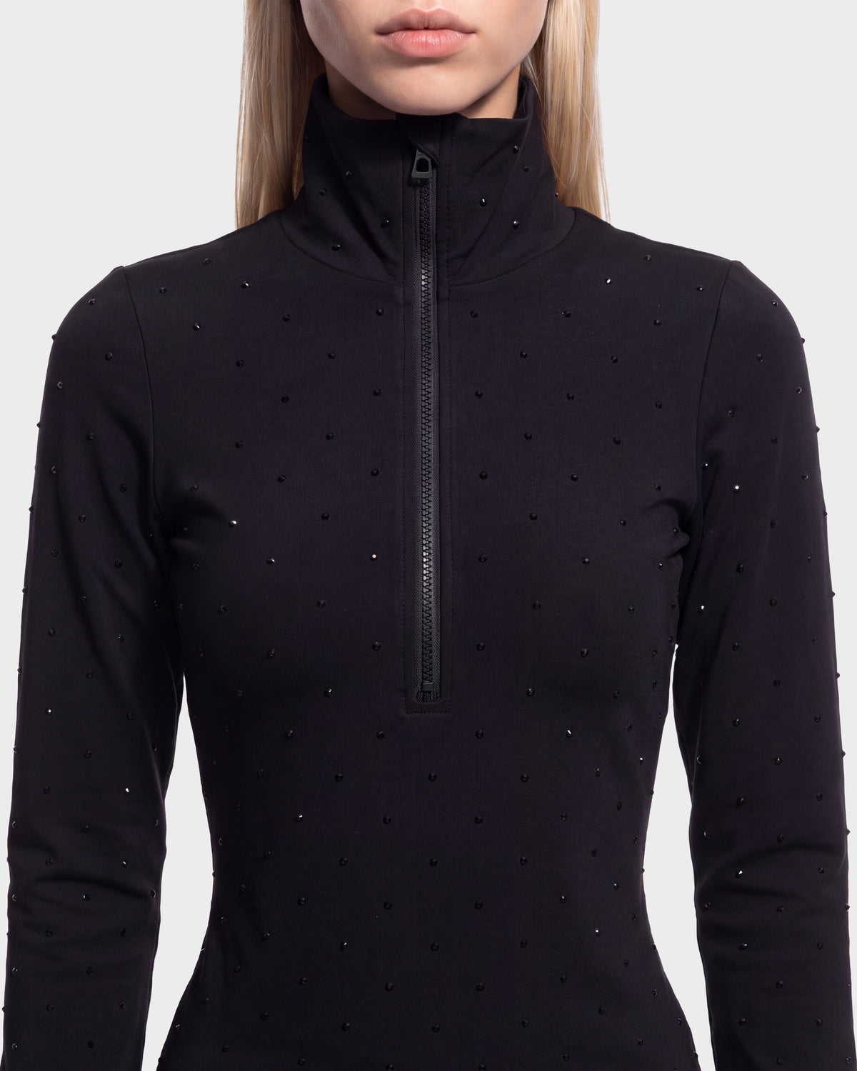 Rudsak NEVA - 8526524 Black long-sleeved quarter-zip top embellished with small black studs, ideal for a refined cold-weather layering look.
