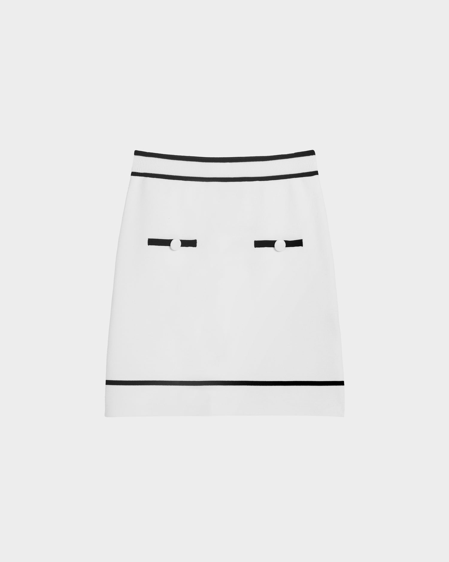 The NAPA - 8525083 Optic White mini skirt by Rudsak is a sophisticated women’s knit skirt with black stripes at the waist and hem, plus two decorative strips and button accents—a versatile addition to any wardrobe.