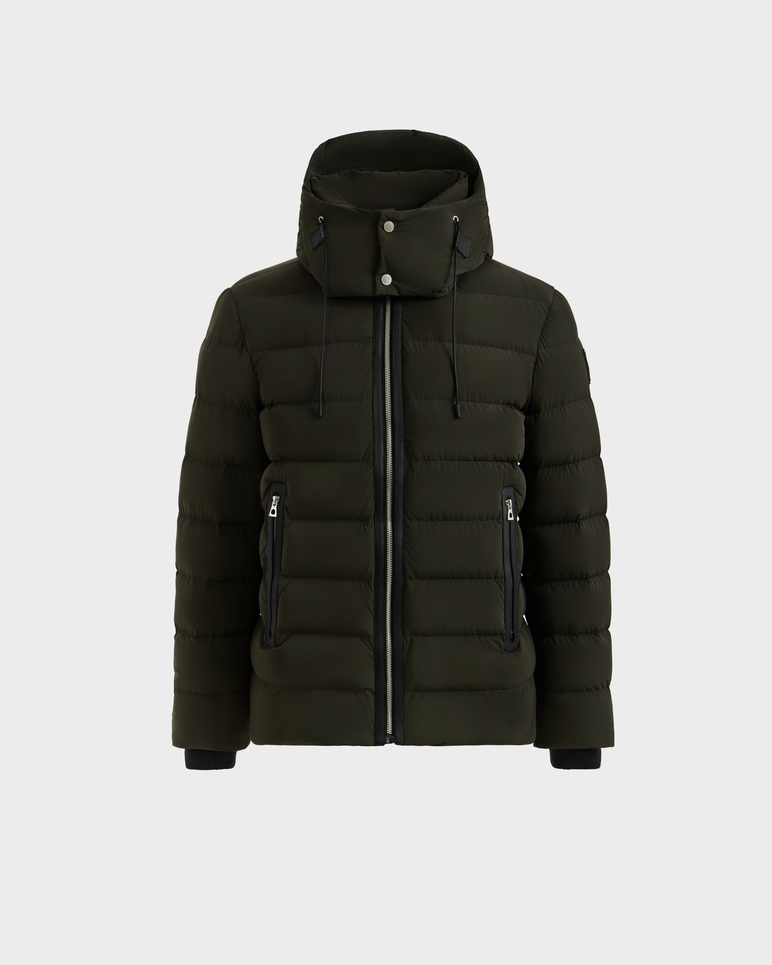 The Rudsak NAVAN - 6125598 Dark Olive men’s quilted down puffer features RDS-certified down, a hood, water-repellent finish, black zip closure, two front zip pockets, and black cuffs. Shown on a plain light background.