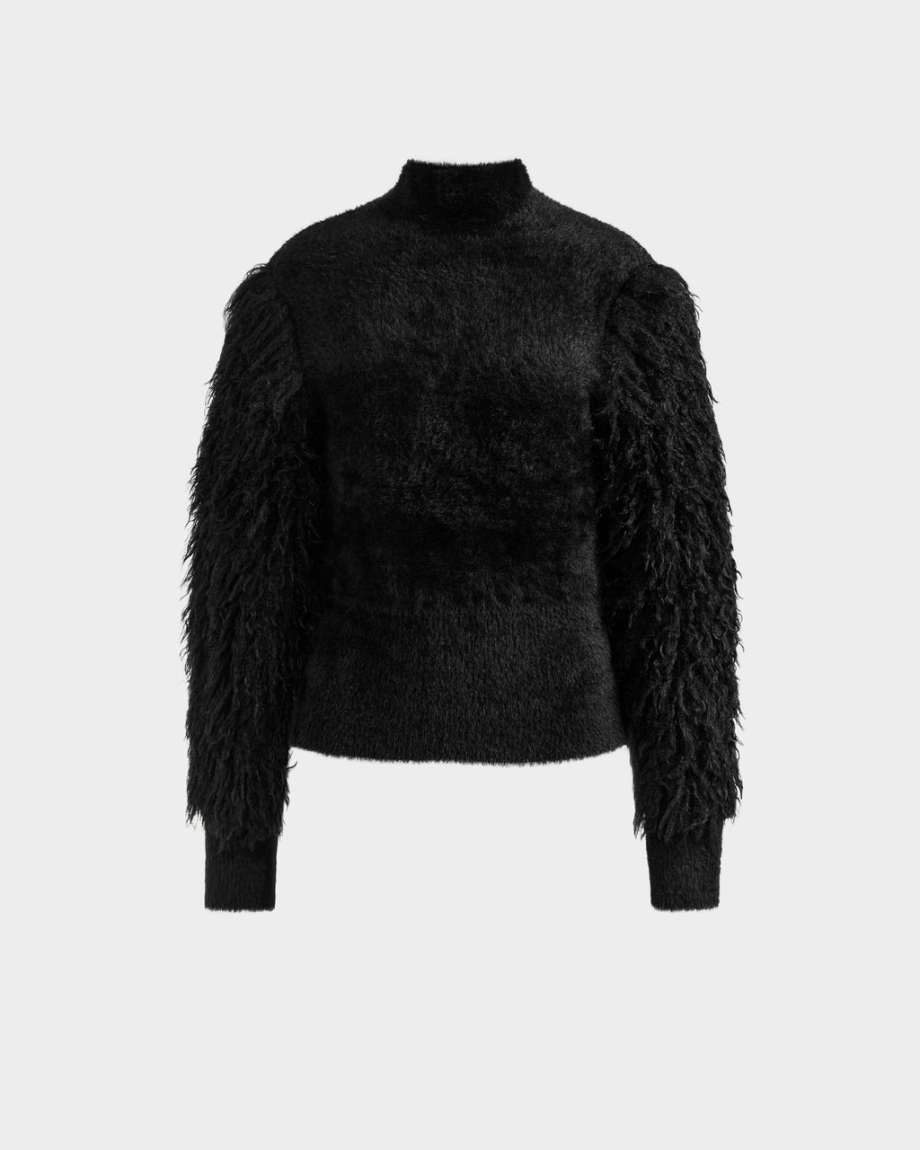 The Rudsak NOEL - 8525571 Black is a women's mock-neck sweater with textured faux fur sleeves and a plush body, ideal for winter styling. Shown against a plain light background.