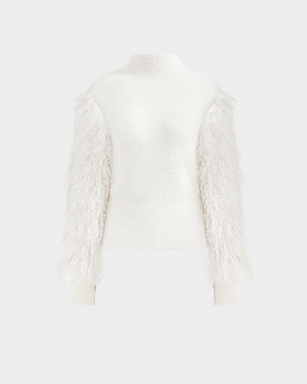 The NOEL - 8525571 Vanilla by Rudsak is a women’s white mock-neck sweater with a fitted waist and long, fluffy faux fur sleeves, blending smooth and fringed textures for chic winter style. Shown on a plain light gray background.
