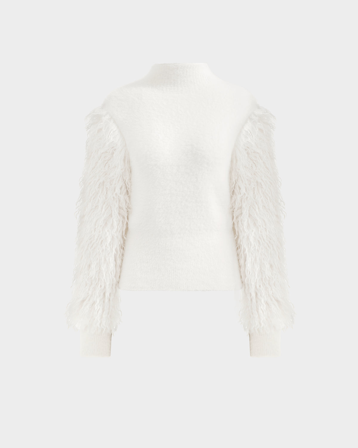 The NOEL - 8525571 Vanilla by Rudsak is a women’s white mock-neck sweater with a fitted waist and long, fluffy faux fur sleeves, blending smooth and fringed textures for chic winter style. Shown on a plain light gray background.