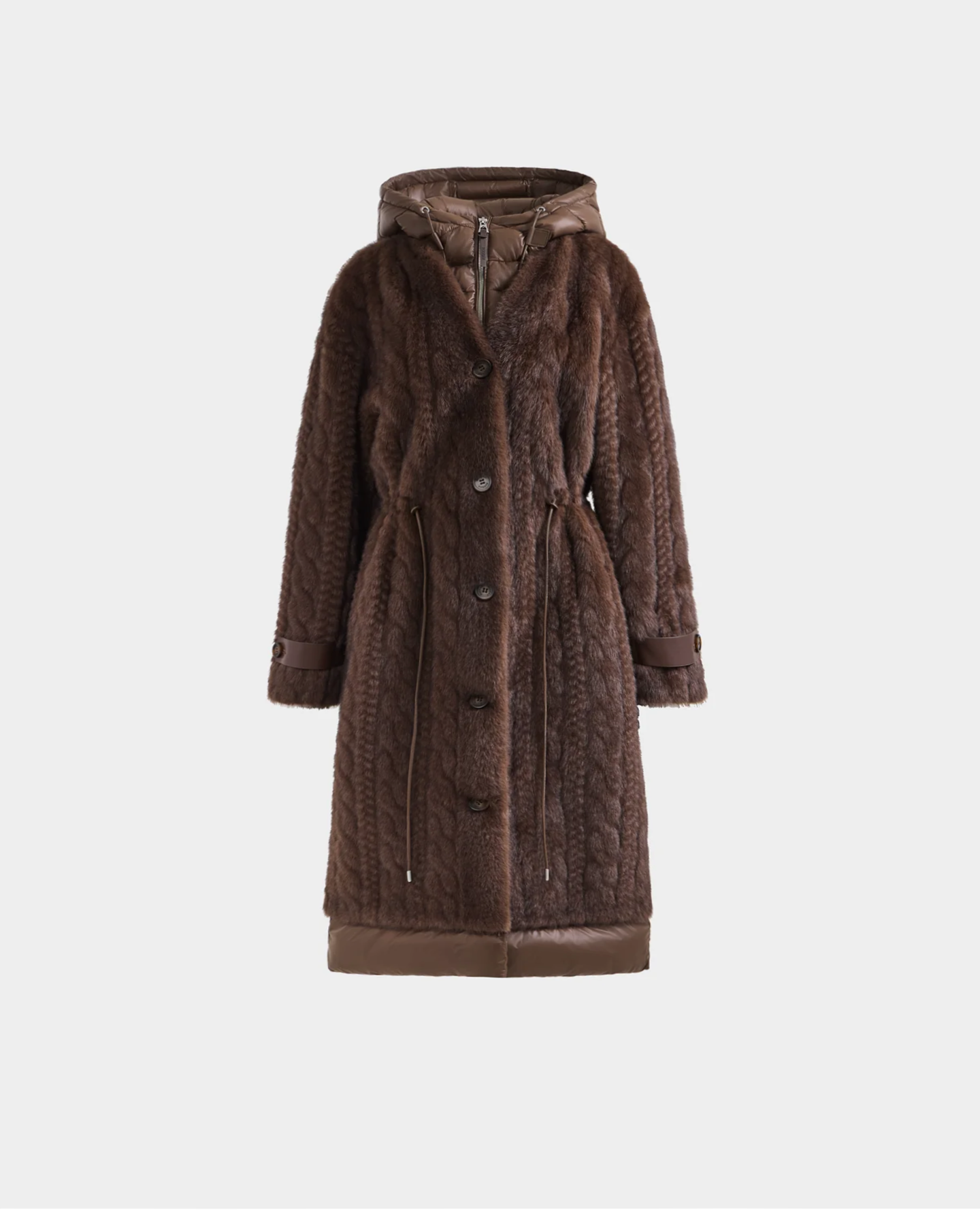 The Rudsak ORIANA - 8125545 Mocha is a women’s faux fur long coat featuring a hood, button closure, drawstring waist, and vegan leather trims at the cuffs and hem, shown on a plain white background.