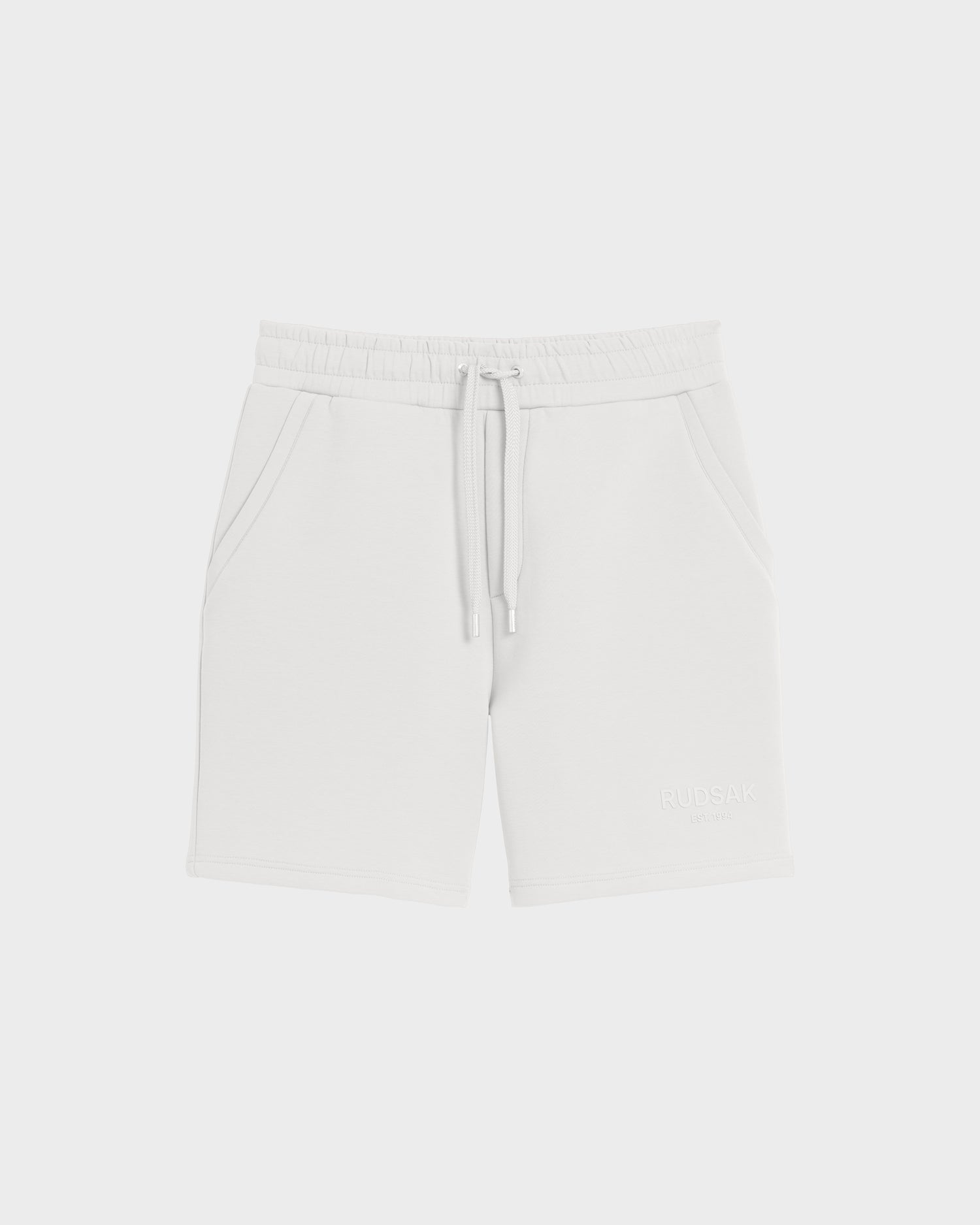 The PASCAL - 6524022 ICELAND men’s double jersey shorts by Rudsak feature a stretch comfort waistband, side pockets, and subtle branding on the left leg, shown here in white against a plain background.