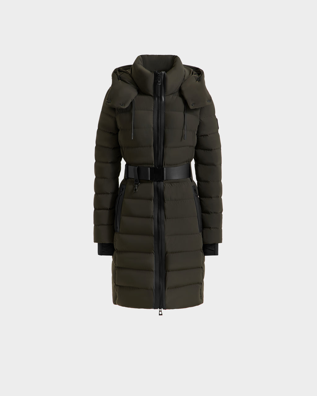The Rudsak PELIN M - 8124814 in Dark Olive is a women's down puffer with a hood, front zipper, black waist belt, side zip pockets, and horizontal quilting, shown on a plain white background.