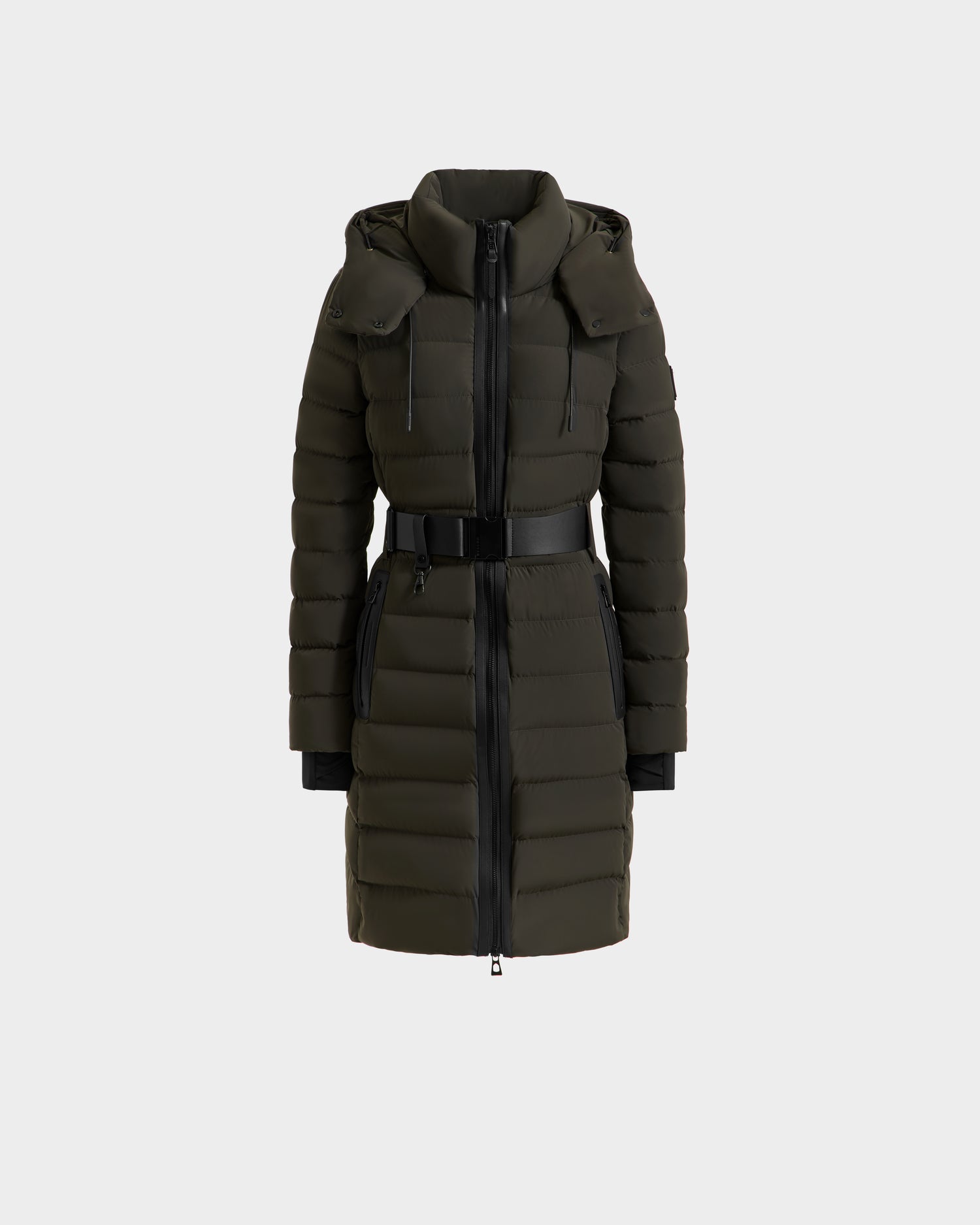 The Rudsak PELIN M - 8124814 in Dark Olive is a women's down puffer with a hood, front zipper, black waist belt, side zip pockets, and horizontal quilting, shown on a plain white background.