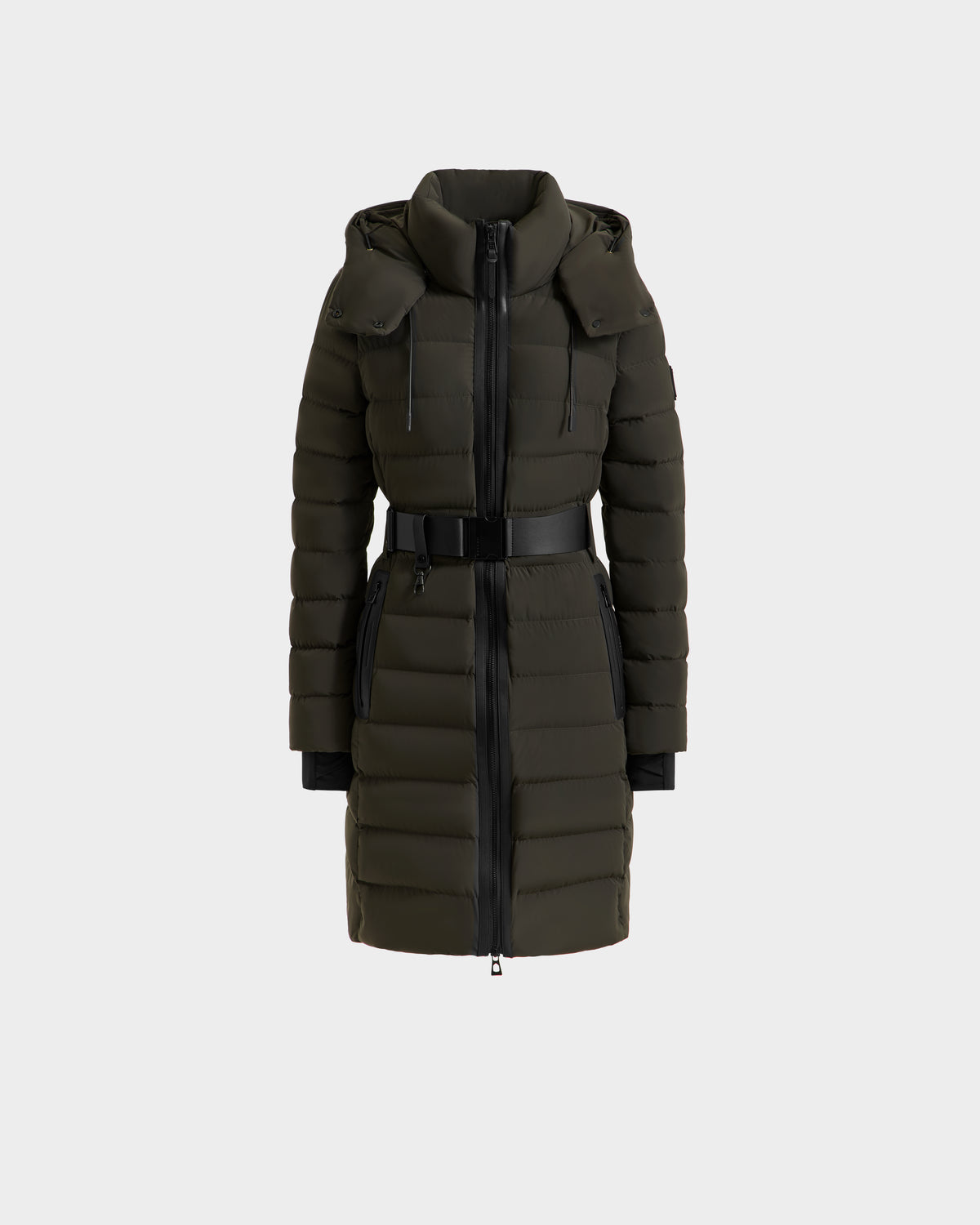 The Rudsak PELIN M - 8124814 in Dark Olive is a women's down puffer with a hood, front zipper, black waist belt, side zip pockets, and horizontal quilting, shown on a plain white background.