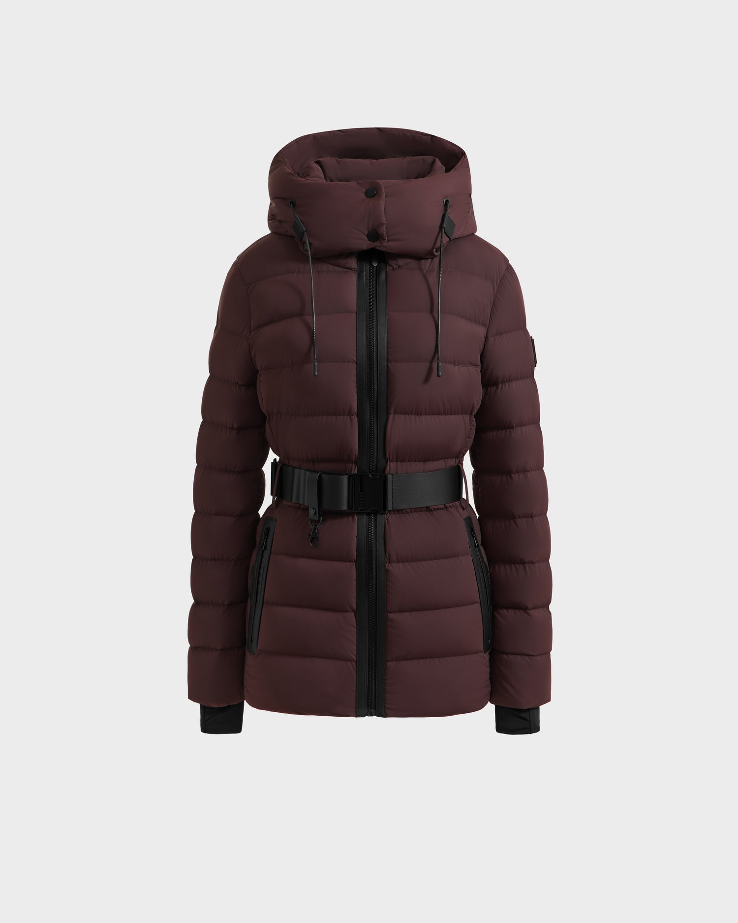 The Rudsak PELIN S - 8124813 Bordeaux womens down puffer jacket features a hood, black front zipper, belted waist, and black-trimmed pockets and cuffs, shown on a plain light gray background.