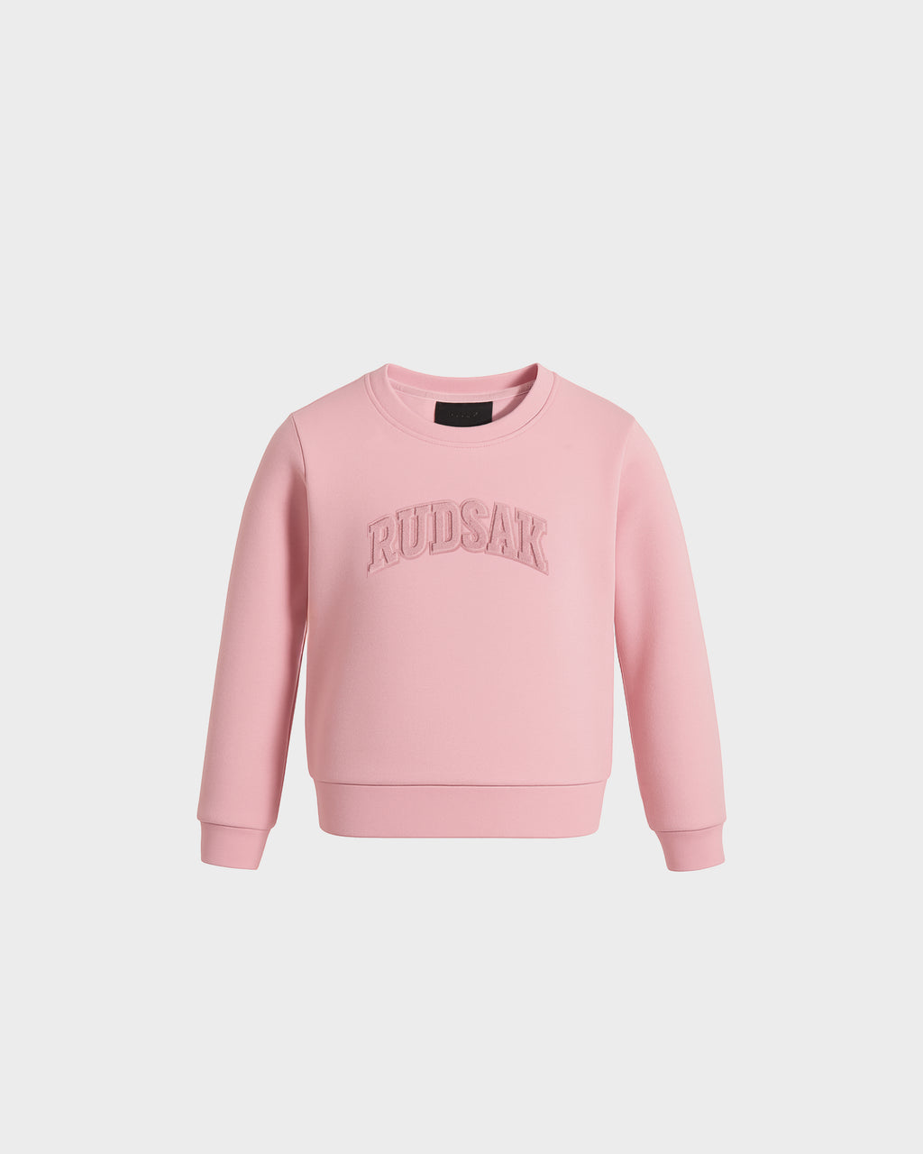 The POPPY - 1525003 by Rudsak is a light pink crewneck sweatshirt with long sleeves and logo embroidery on the chest, made from premium cotton jersey, shown against a white background.
