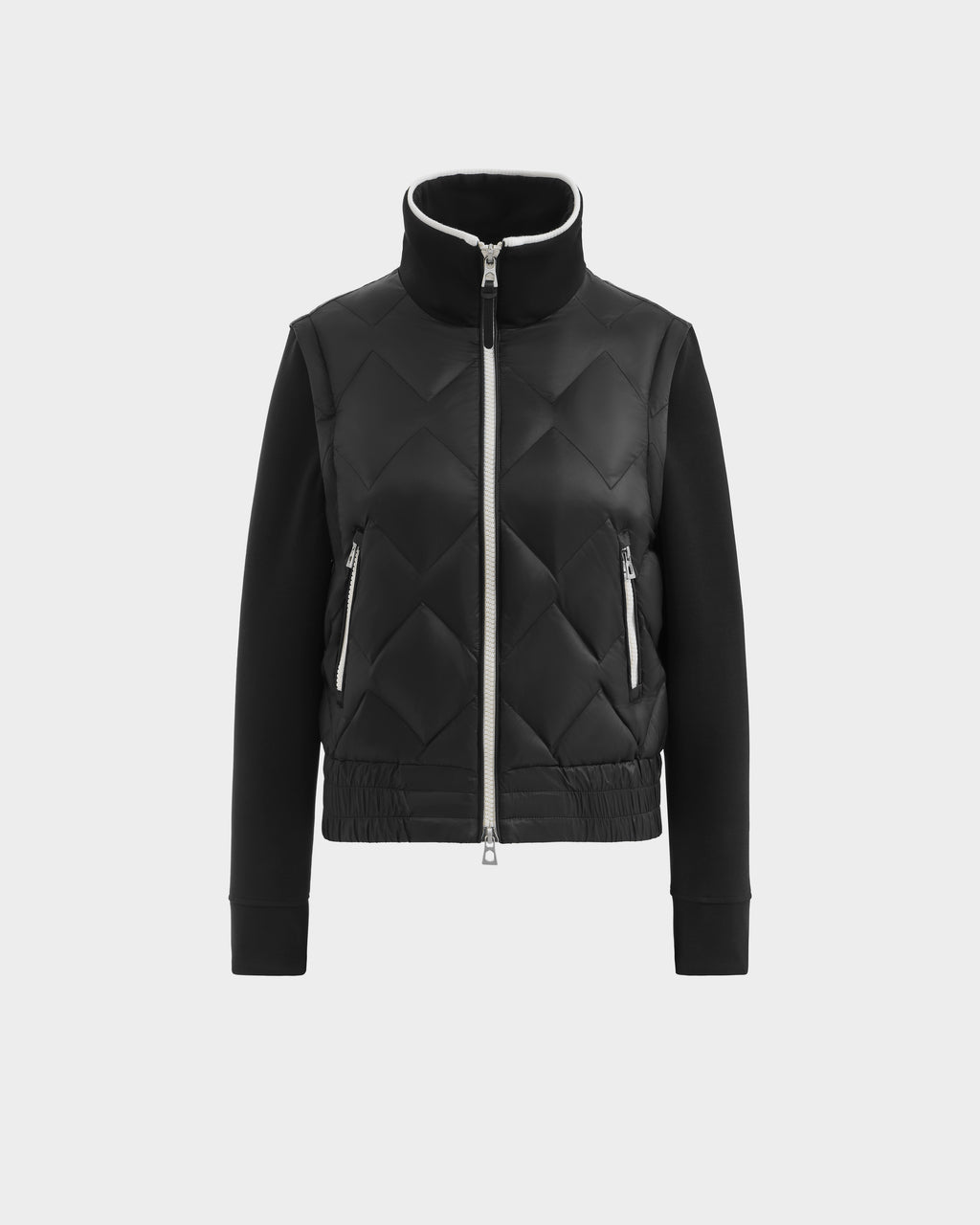 The PRISA - 8126022 Black by Rudsak is a sleek black convertible down jacket with removable sleeves, a high collar, silver zipper closure, zippered side pockets, smooth sleeves and collar, and a diamond-quilted front for stylish versatility.