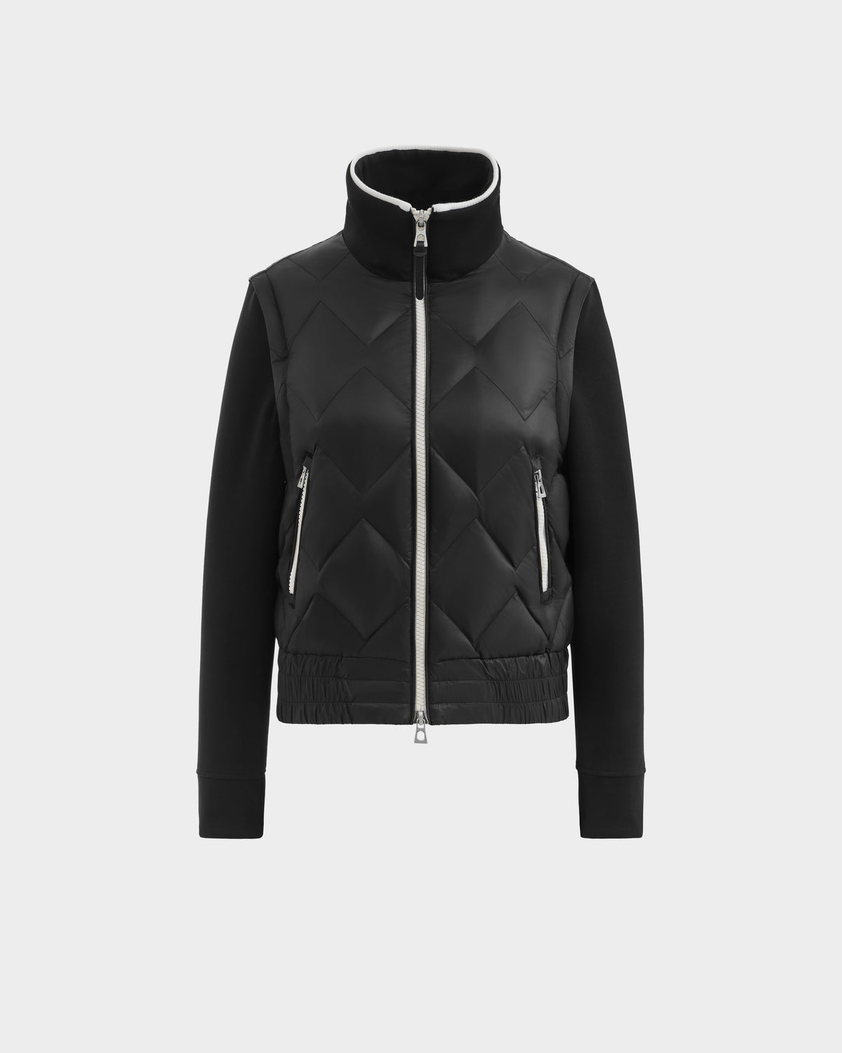 The PRISA - 8126022 Black by Rudsak is a sleek black convertible down jacket with removable sleeves, a high collar, silver zipper closure, zippered side pockets, smooth sleeves and collar, and a diamond-quilted front for stylish versatility.