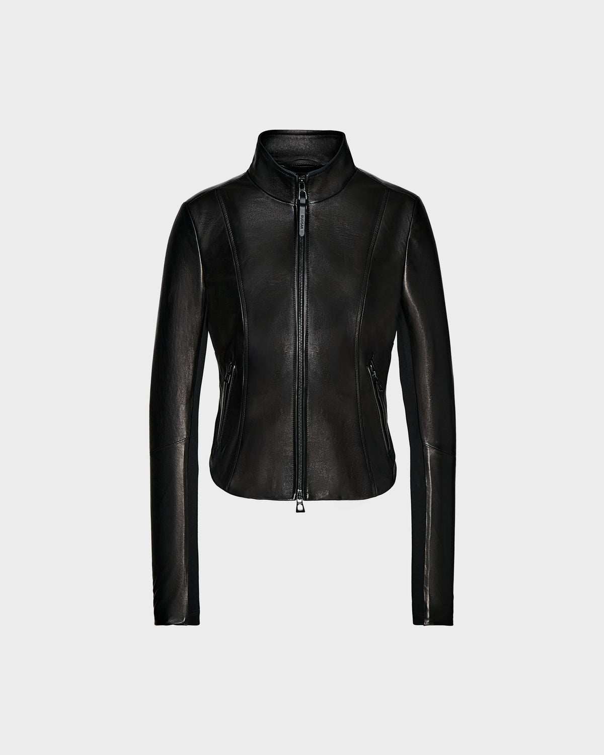 The Rudsak ABIGAIL - 8124560 Black is a womens leather racer jacket with a front zipper, long sleeves, and high collar, shown on a plain light gray background.