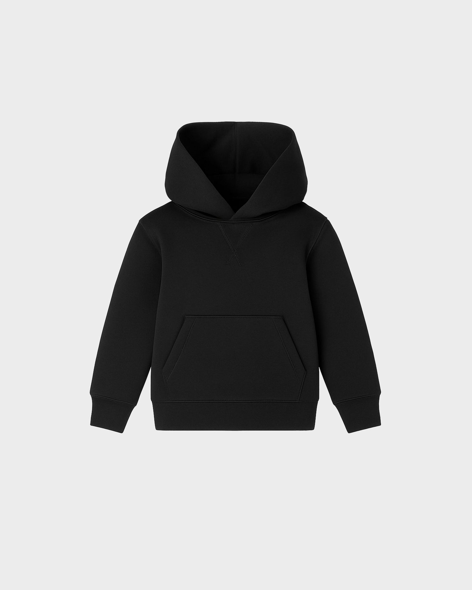 The RAINEY - 1525002 Black hooded sweatshirt by Rudsak features long sleeves, a front kangaroo pocket, and ribbed cuffs and hem, shown against a plain light gray background.