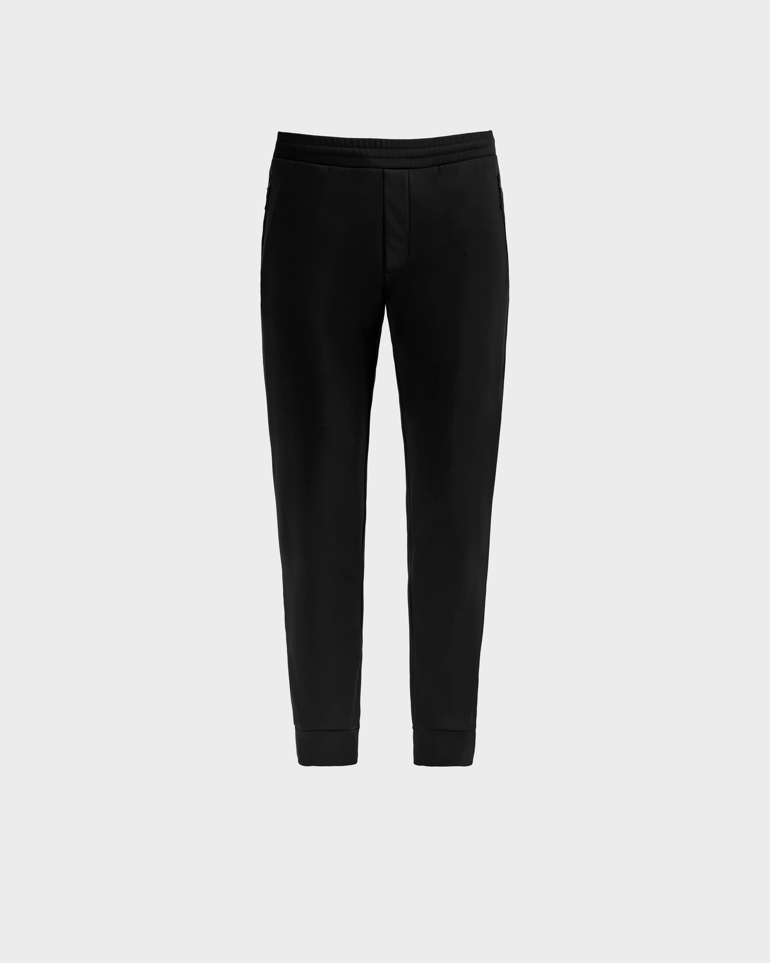 The REGIS - 6525582 Black joggers by Rudsak feature a slim fit, elastic waistband, and cuffed ankles in lightweight stretch fabric. Shown against a light gray background.