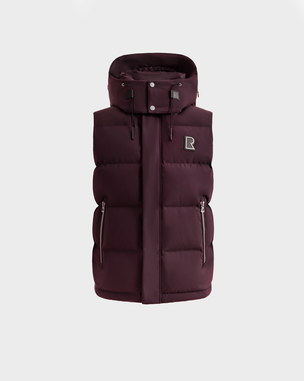 Rudsak REN H - 6125688 Bordeaux: men’s dark maroon sleeveless puffer vest with a removable hood, two zippered front pockets, and a small R logo on the chest, shown on a plain white background.