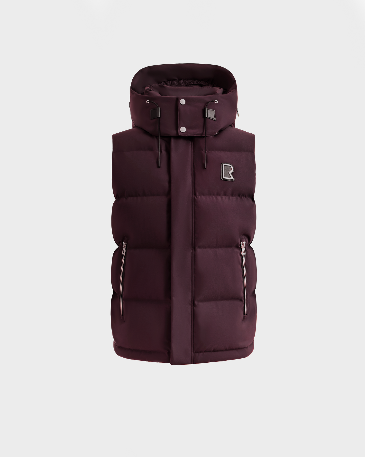 Rudsak REN H - 6125688 Bordeaux: men’s dark maroon sleeveless puffer vest with a removable hood, two zippered front pockets, and a small R logo on the chest, shown on a plain white background.
