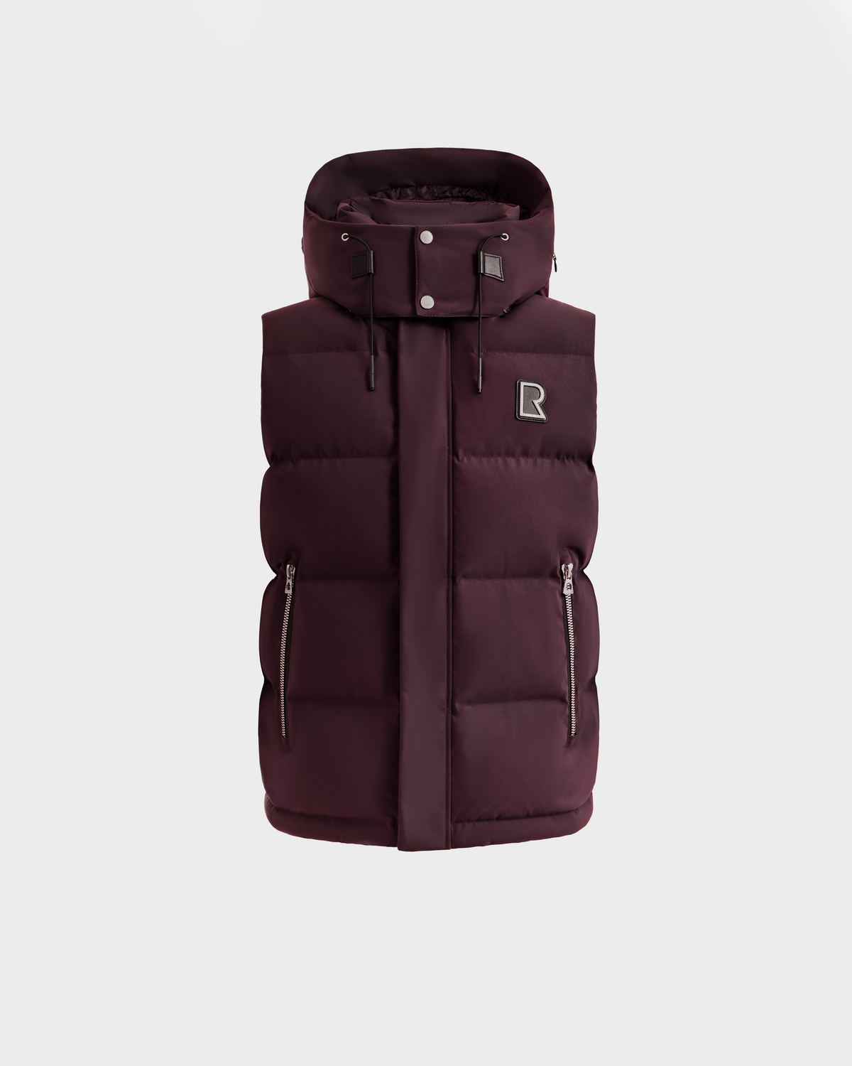 Rudsak REN H - 6125688 Bordeaux: men’s dark maroon sleeveless puffer vest with a removable hood, two zippered front pockets, and a small R logo on the chest, shown on a plain white background.