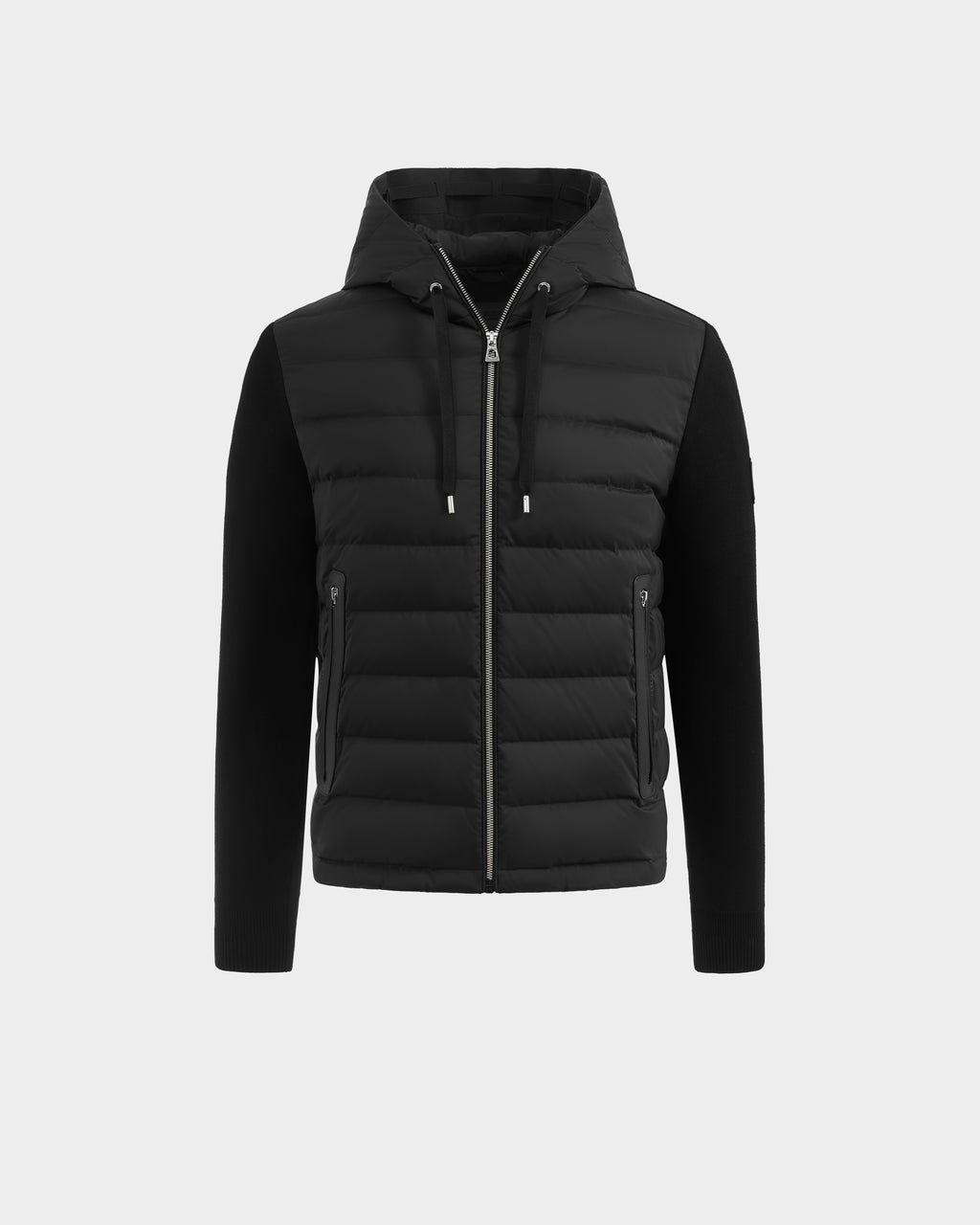 The Rudsak RIVER - 6124584 Black jacket features a quilted front, zip closure, hood with drawstrings, and slim unquilted sleeves—a modern hybrid design for versatile style.