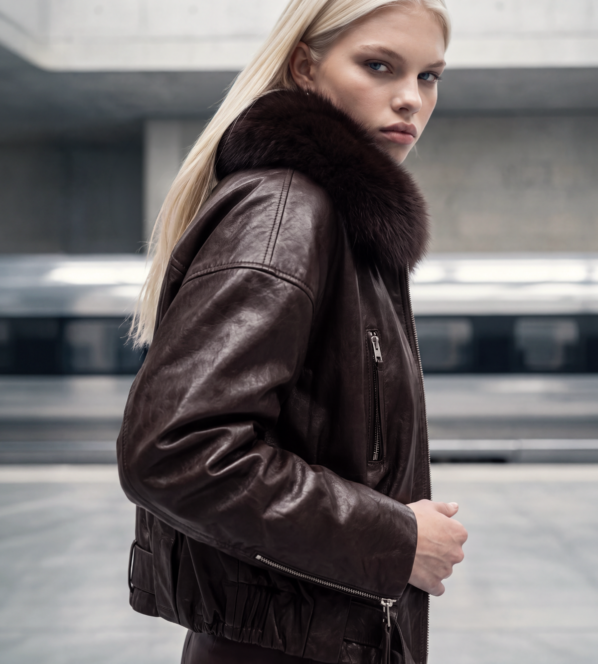A blonde woman wearing a dark brown leather aviator-style jacket with a thick dark fur collar, photographed in a modern concrete urban setting.