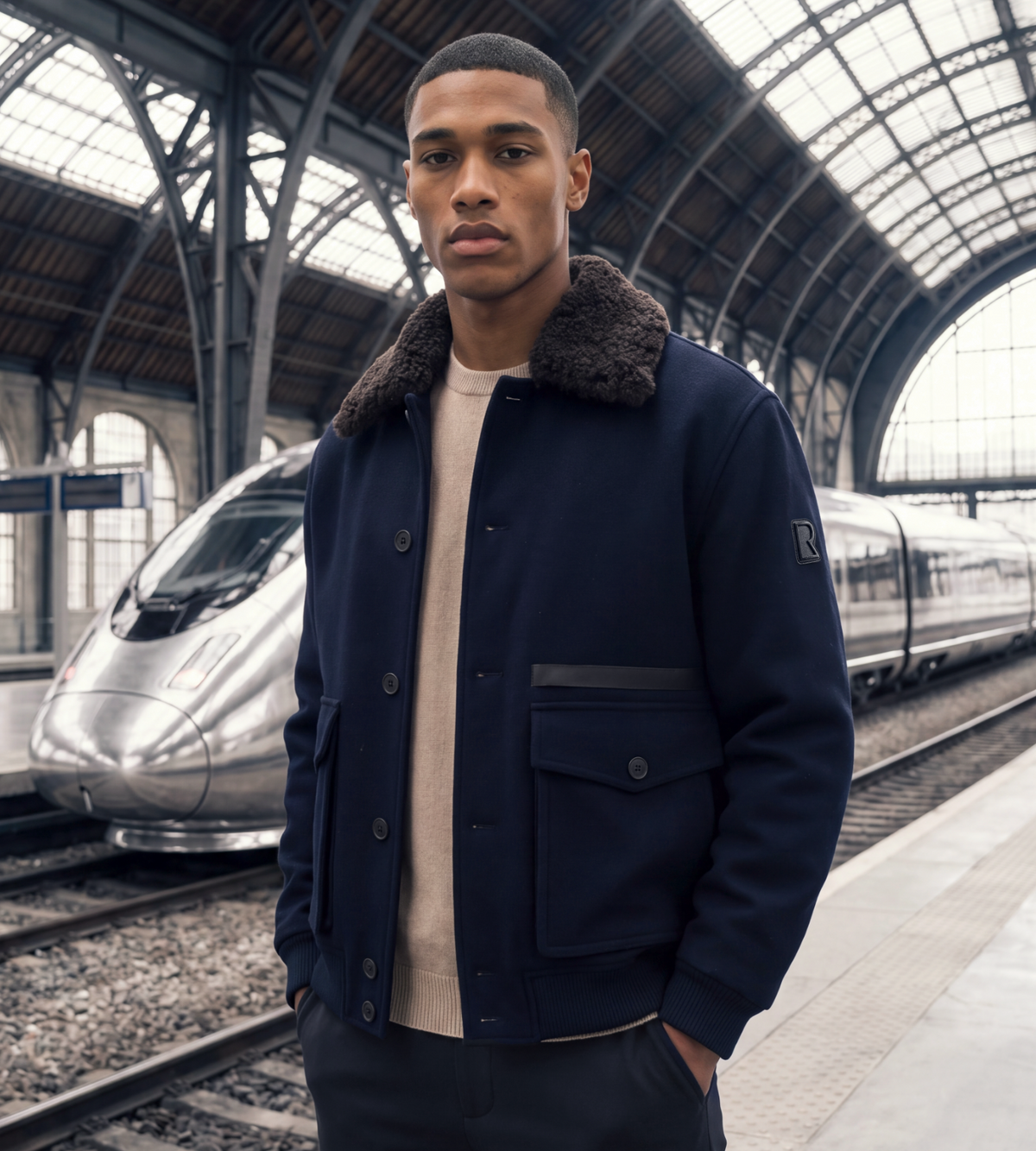 A man wearing a navy blue jacket with a dark brown faux-fur collar stands on a train station platform with a silver high-speed train in the background.