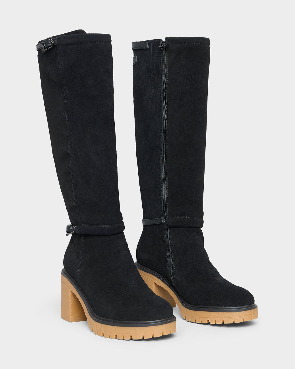 Rudsak STEPRA - 8226524 Black knee-high boots with a side zipper, a buckled strap at the top, and a thick tan lugged sole with a block heel.