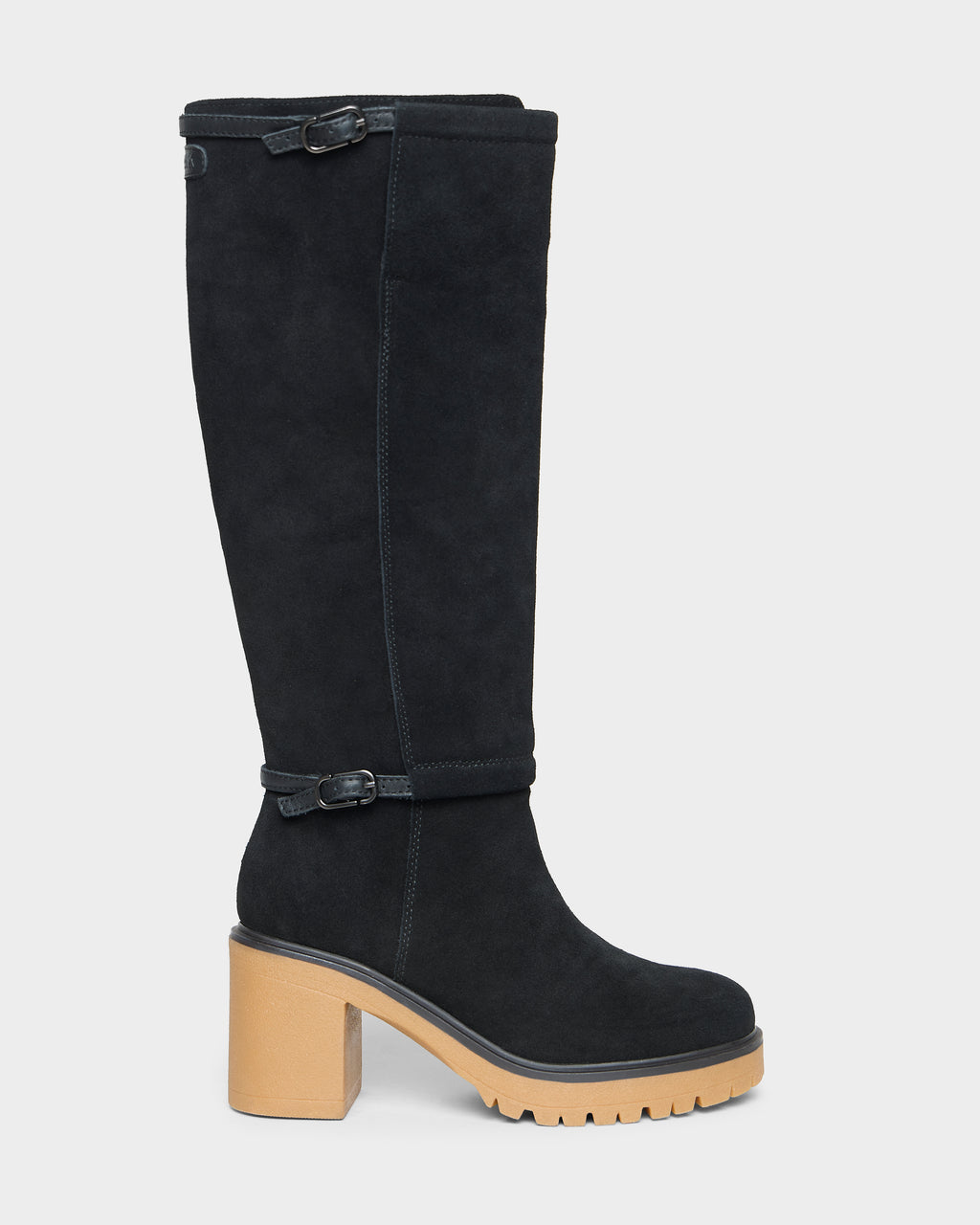 Rudsak STEPRA - 8226524 Black knee-high boot with dual buckled straps and a thick, light-colored lug sole and block heel.