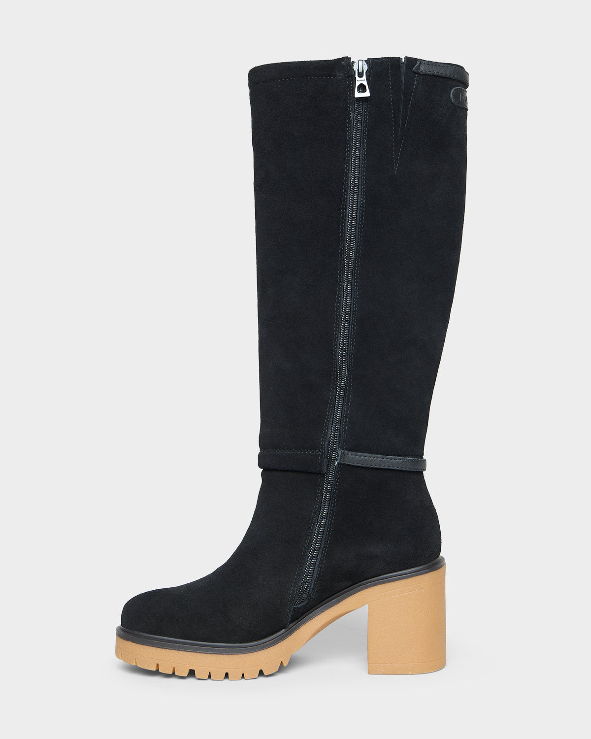 Rudsak STEPRA - 8226524 black knee-high boot with a side zipper, tan block heel, and lugged sole.