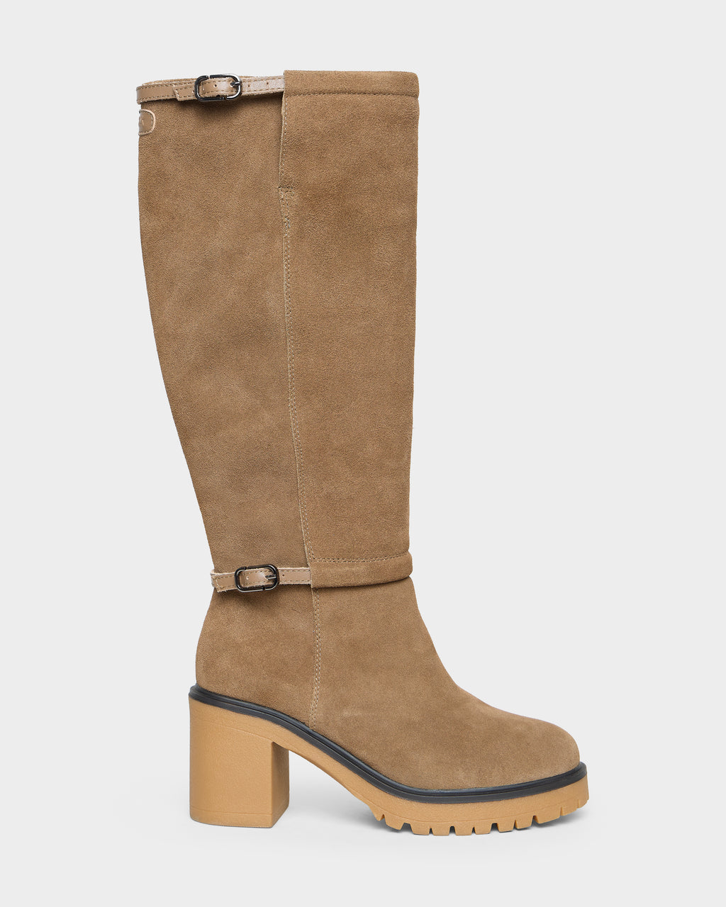 Rudsak STEPRA - 8226524 Camel tan suede knee-high boot with a thick block heel, lugged sole, and two buckle straps.