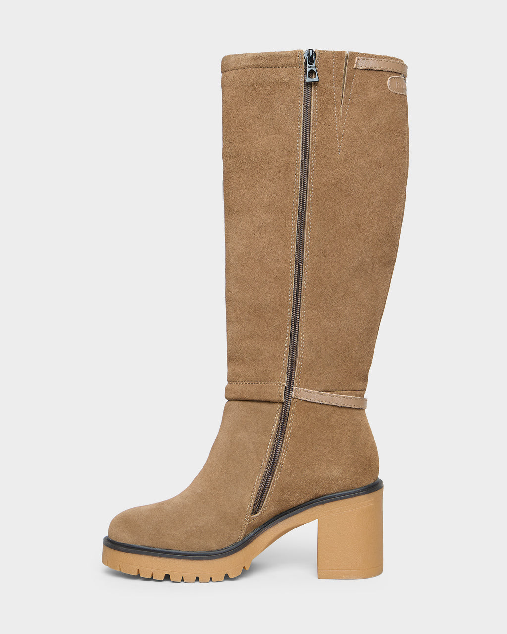 Rudsak STEPRA - 8226524 Camel knee-high suede boot in camel with a side zipper and a chunky lugged block heel.