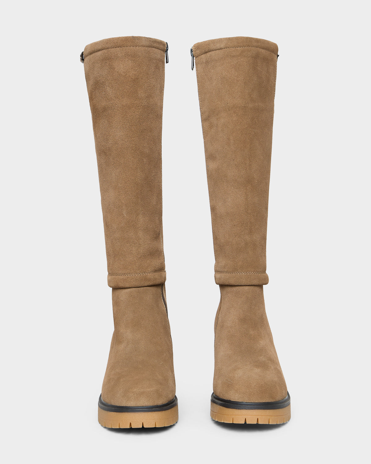 Rudsak STEPRA - 8226524 Camel tan knee-high suede boots with side zippers and thick, lugged rubber soles.
