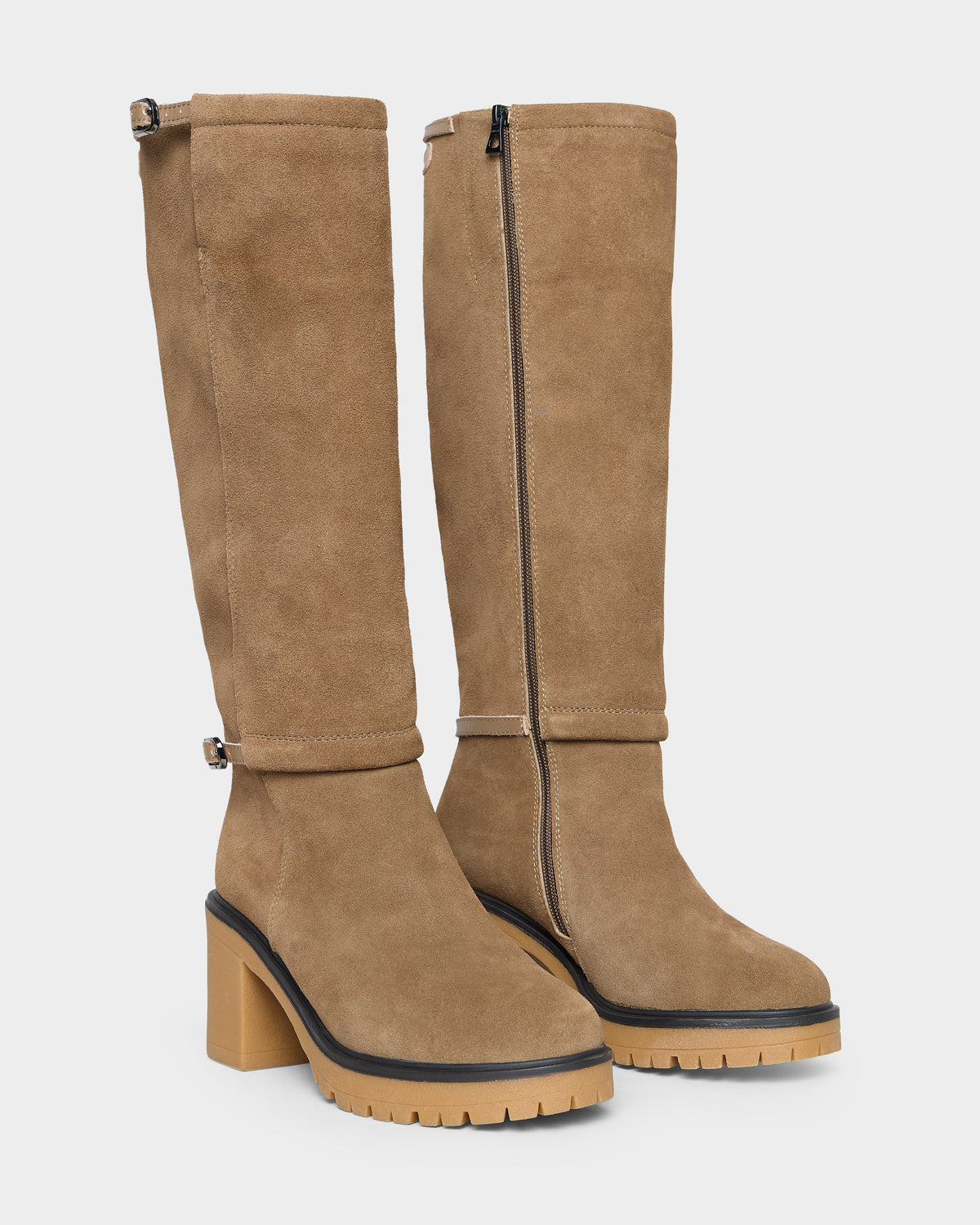 Rudsak STEPRA - 8226524 Camel knee-high suede boots with side zippers and chunky lugged soles.