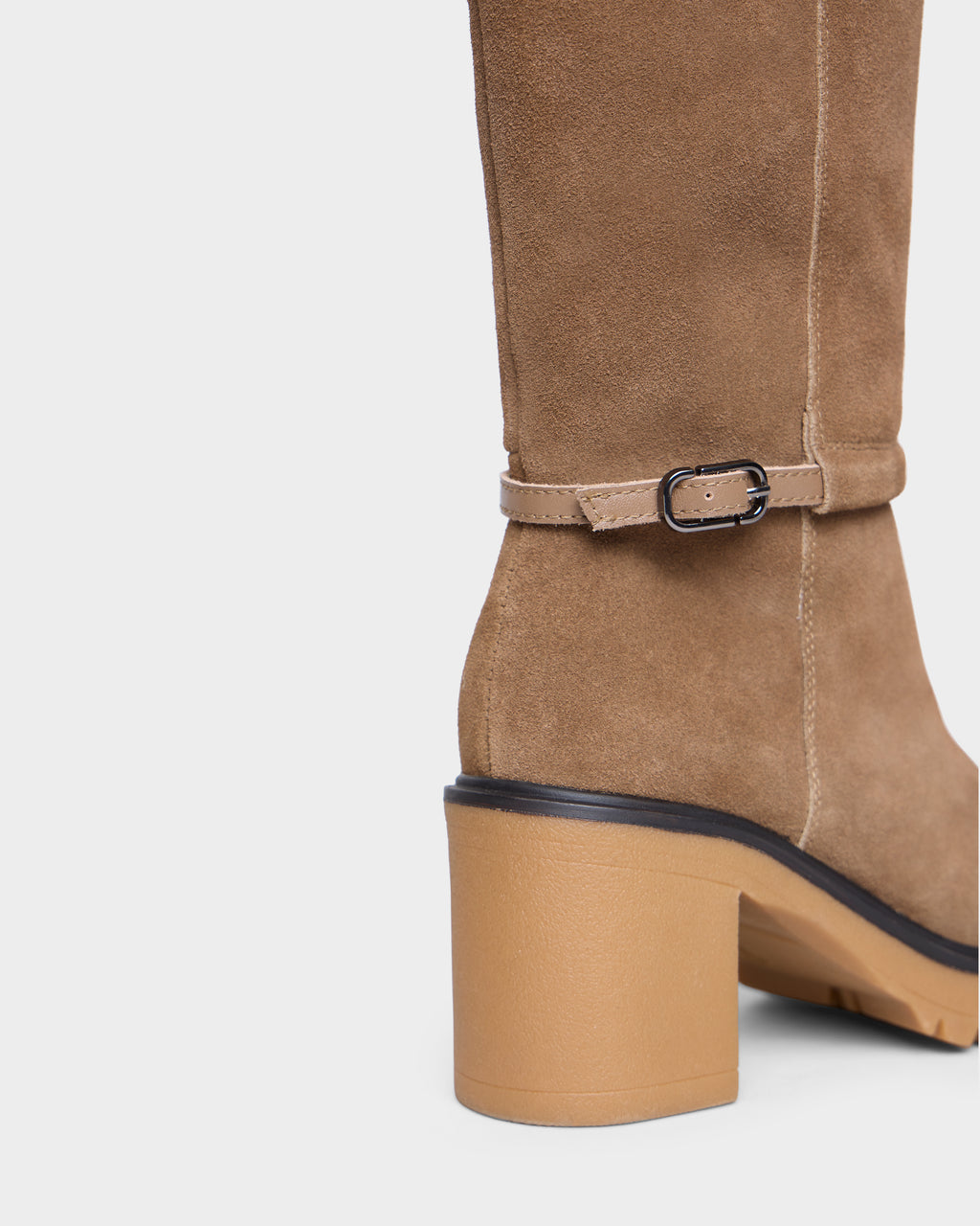Rudsak STEPRA - 8226524 Camel tan suede knee-high boot with a thick block heel and a thin ankle strap with a metal buckle.
