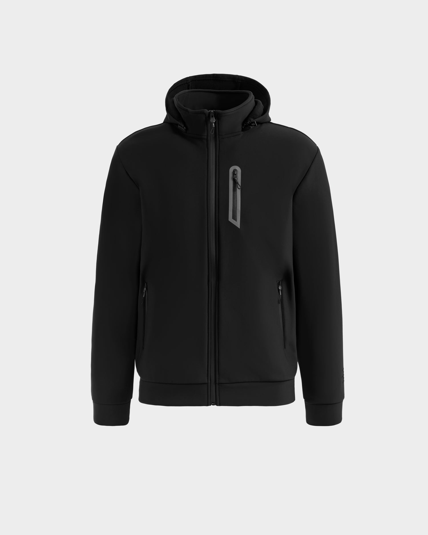 The Rudsak SAFRIN - 6525581 Black men’s hooded sport jacket features a lightweight stretch shell, front zipper, waterproof zip side pockets, and a vertical chest pocket. Minimalist design, no visible logos or patterns. Shown on light gray background.