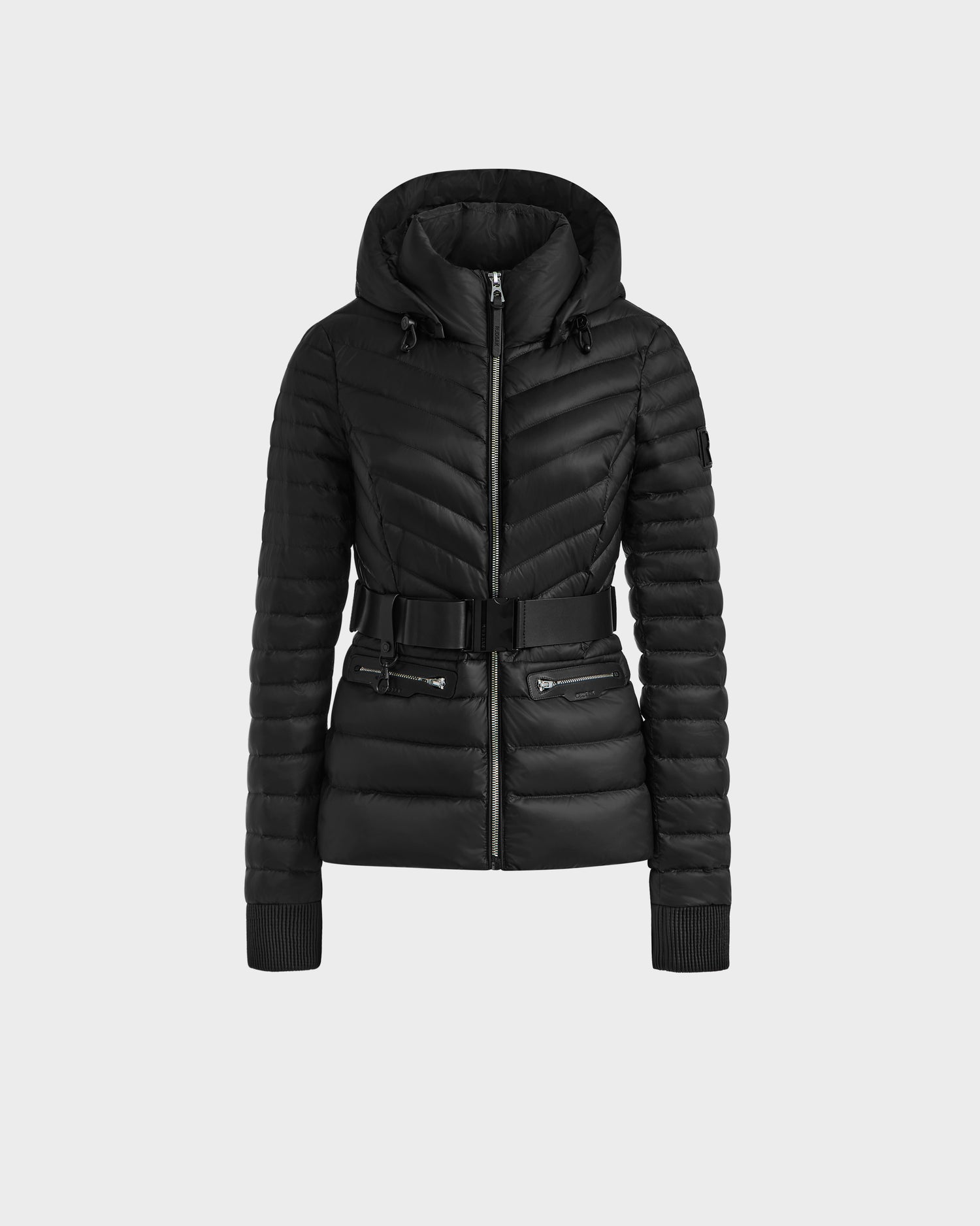 The Rudsak SCARLETT - 8125004 Black is a women’s quilted lightweight down jacket with hood, vegan leather waist belt, zippered front and pockets, ribbed cuffs, and wind- and water-resistant design. Shown on a plain white background.