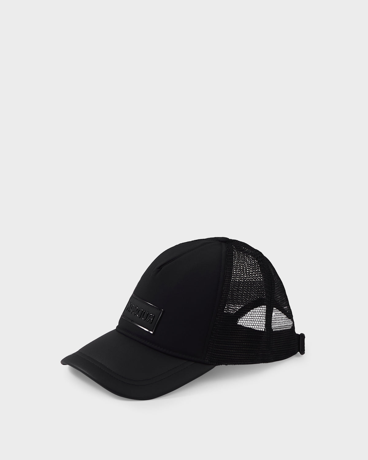 The Rudsak FENIX - 9422522 Black trucker cap features a solid front panel with a rectangular patch, curved brim, and adjustable mesh back. Photographed on a plain white background.
