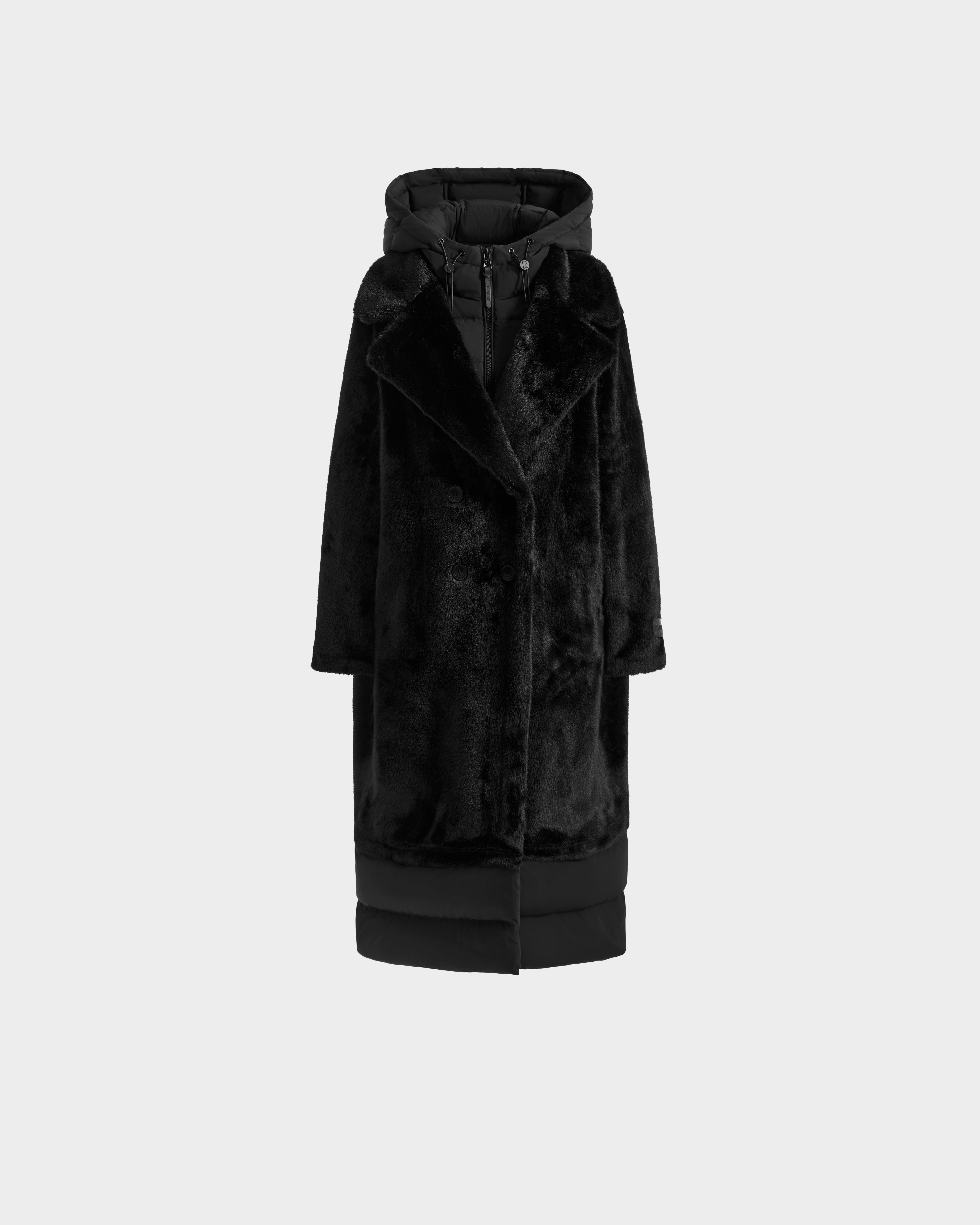The SIENA - 8125542 Black women's faux fur coat by Rudsak features a wide collar, hooded inner layer, and padded down-insulated lower section, displayed on a plain light grey background.