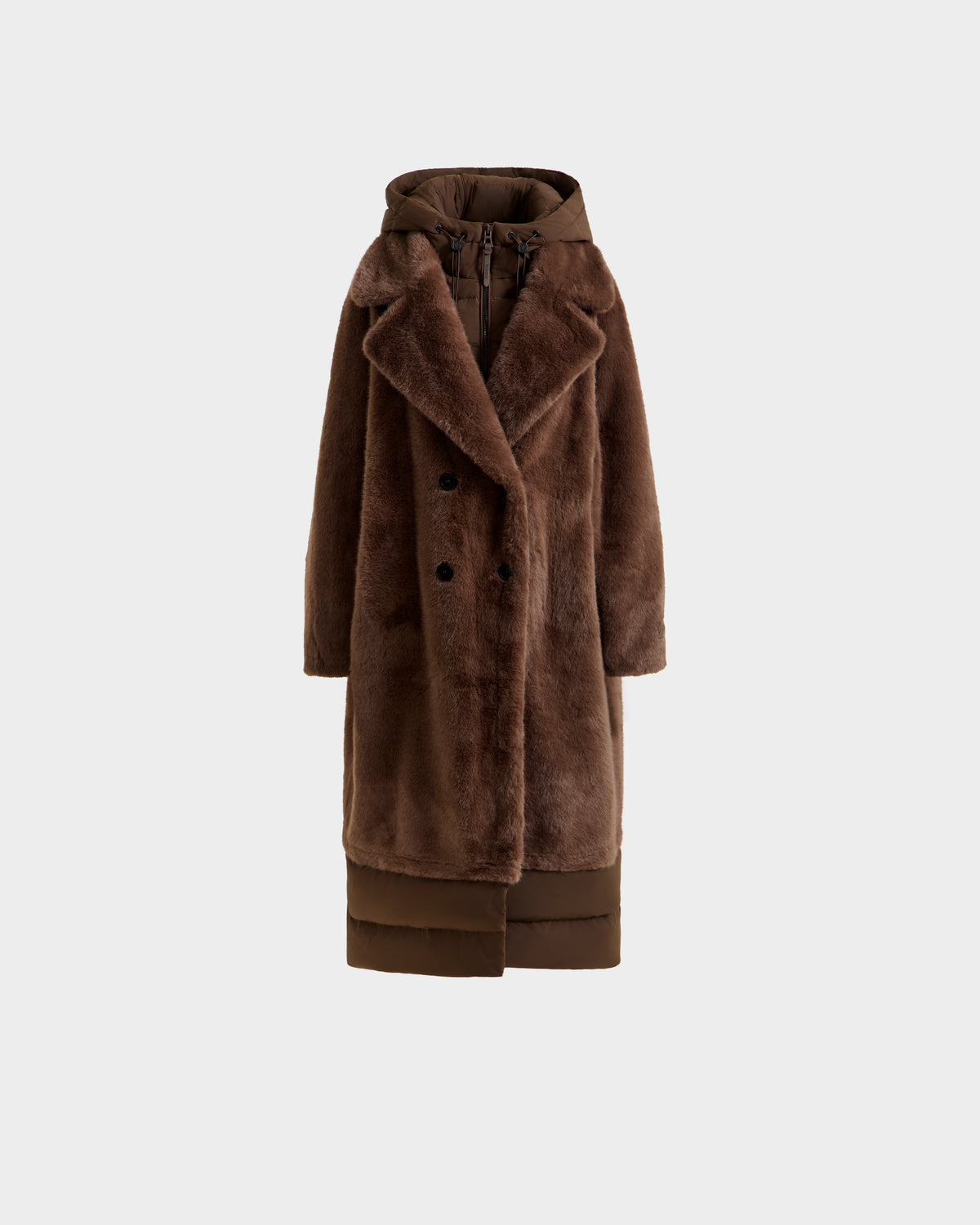 The Rudsak SIENA - 8125542 Mocha is a long brown women’s faux fur coat with a wide collar, double-breasted front, and hood, perfect for winter and shown against a plain light background.