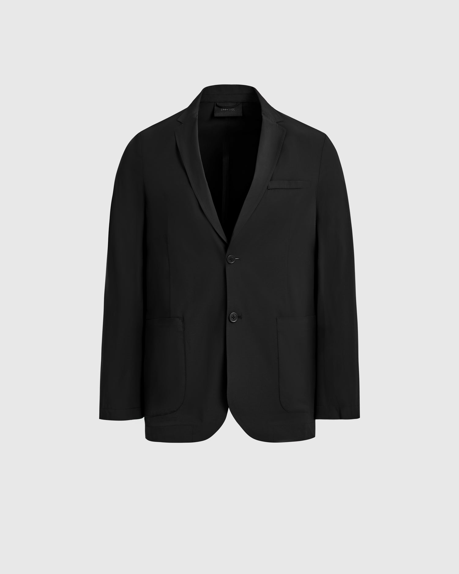 The SPENCER - 6525024 Black blazer by Rudsak features a classic single-breasted design with two buttons, notched lapels, chest pocket, and two front patch pockets. Shown on a plain light gray background, it elevates any modern wardrobe.